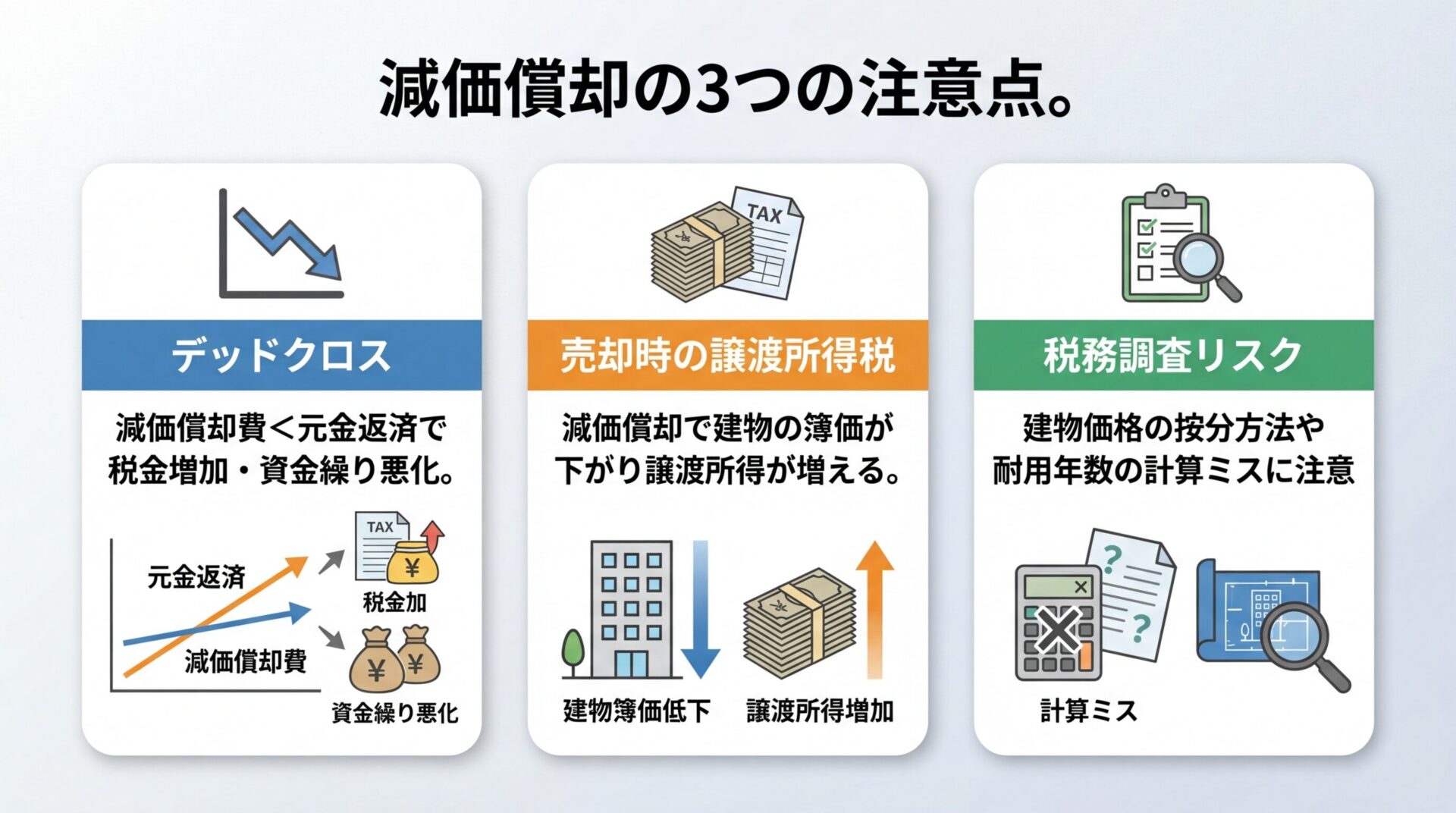 タイトル: 減価償却の3つの注意点。縦並び3カードで: カード1（グラフ下降のアイコン）ヘッダー: デッドクロス、説明: 減価償却費<元金返済で税金増加・資金繰り悪化。カード2（税金のアイコン）ヘッダー: 売却時の譲渡所得税、説明: 減価償却で建物の簿価が下がり譲渡所得が増える。カード3（チェックリストのアイコン）ヘッダー: 税務調査リスク、説明: 建物価格の按分方法や耐用年数の計算ミスに注意