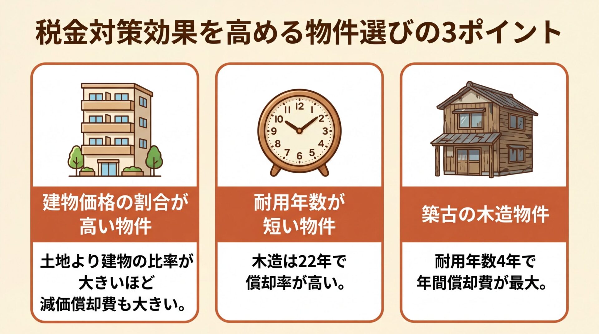 タイトル: 税金対策効果を高める物件選びの3ポイント。縦並び3カードで: カード1（建物のアイコン）ヘッダー: 建物価格の割合が高い物件、説明: 土地より建物の比率が大きいほど減価償却費も大きい。カード2（時計のアイコン）ヘッダー: 耐用年数が短い物件、説明: 木造は22年で償却率が高い。カード3（古い建物のアイコン）ヘッダー: 築古の木造物件、説明: 耐用年数4年で年間償却費が最大
