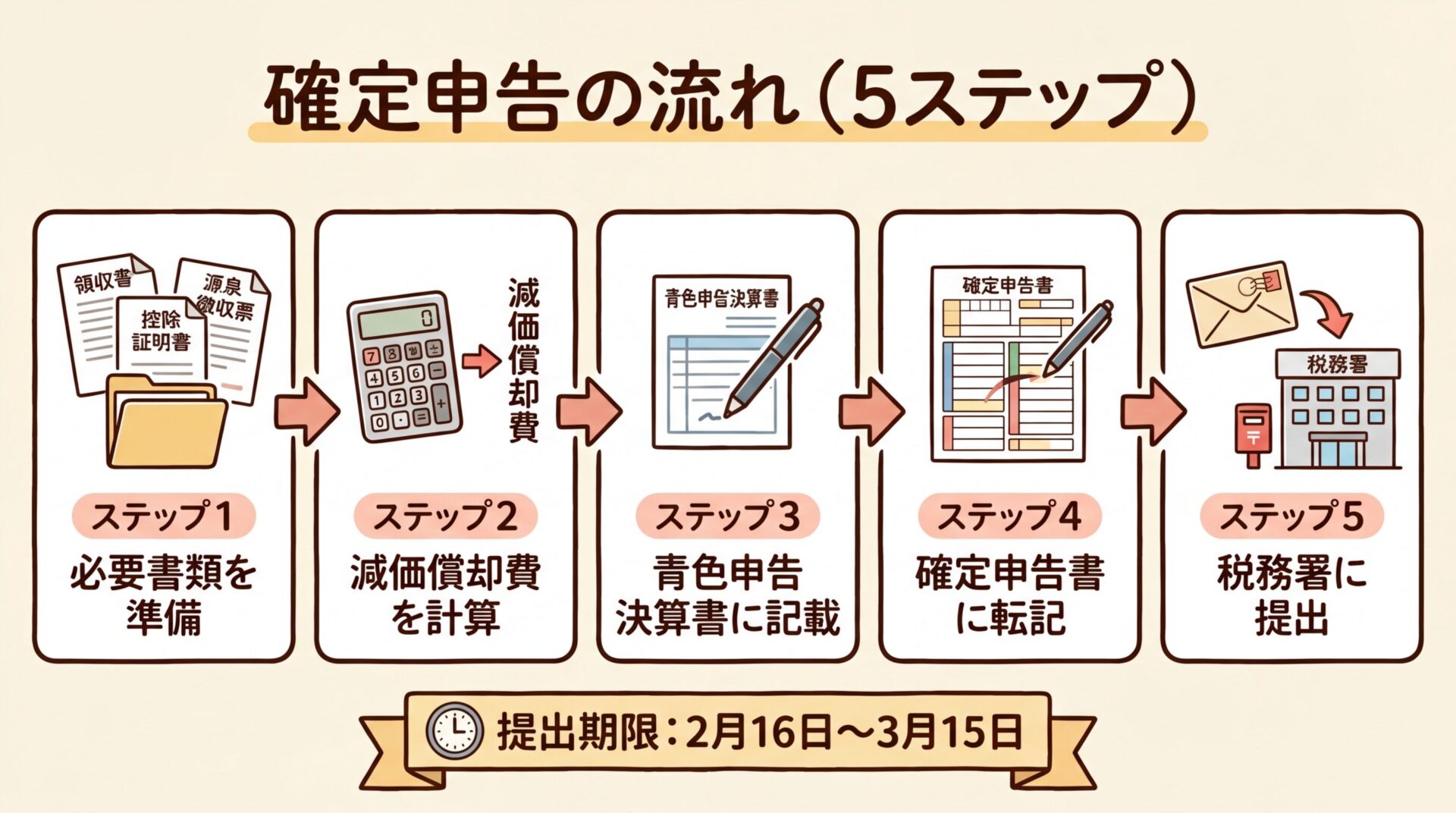 タイトル: 確定申告の流れ（5ステップ）。左から右への矢印フローで: ステップ1（書類アイコン）必要書類を準備 &rarr; ステップ2（電卓アイコン）減価償却費を計算 &rarr; ステップ3（ペンアイコン）青色申告決算書に記載 &rarr; ステップ4（フォームアイコン）確定申告書に転記 &rarr; ステップ5（郵送アイコン）税務署に提出。下部に「提出期限: 2月16日〜3月15日」の補足テキスト