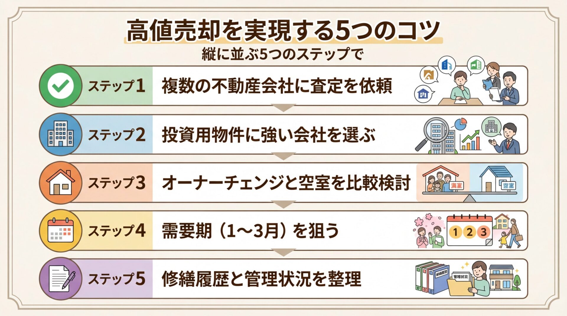 タイトル: 高値売却を実現する5つのコツ。縦に並ぶ5つのステップで: ステップ1(チェックマークのアイコン)複数の不動産会社に査定を依頼。ステップ2(ビルのアイコン)投資用物件に強い会社を選ぶ。ステップ3(家のアイコン)オーナーチェンジと空室を比較検討。ステップ4(カレンダーのアイコン)需要期(1〜3月)を狙う。ステップ5(書類のアイコン)修繕履歴と管理状況を整理