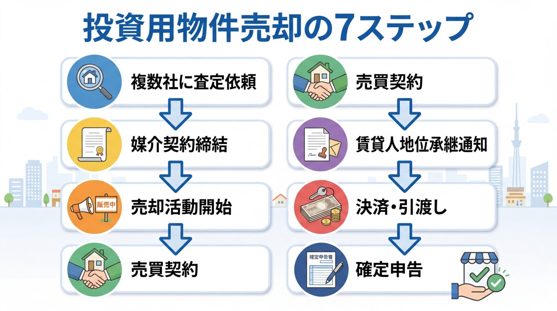 タイトル: 投資用物件売却の7ステップ。縦に並ぶフローチャート形式で: ステップ1(虫眼鏡のアイコン)複数社に査定依頼 → ステップ2(契約書のアイコン)媒介契約締結 → ステップ3(広告のアイコン)売却活動開始 → ステップ4(握手のアイコン)売買契約 → ステップ5(通知書のアイコン)賃貸人地位承継通知 → ステップ6(お金のアイコン)決済・引渡し → ステップ7(申告書のアイコン)確定申告。各ステップ間に矢印