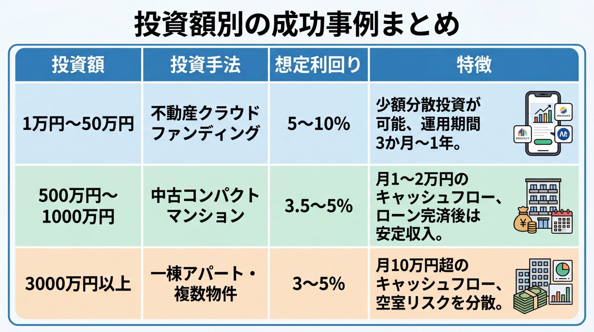 タイトル: 投資額別の成功事例まとめ。3列の表: ヘッダー行: 投資額 | 投資手法 | 想定利回り | 特徴。行1: 1万円〜50万円 | 不動産クラウドファンディング | 5〜10% | 少額分散投資が可能、運用期間3か月〜1年。行2: 500万円〜1000万円 | 中古コンパクトマンション | 3.5〜5% | 月1〜2万円のキャッシュフロー、ローン完済後は安定収入。行3: 3000万円以上 | 一棟アパート・複数物件 | 3〜5% | 月10万円超のキャッシュフロー、空室リスクを分散