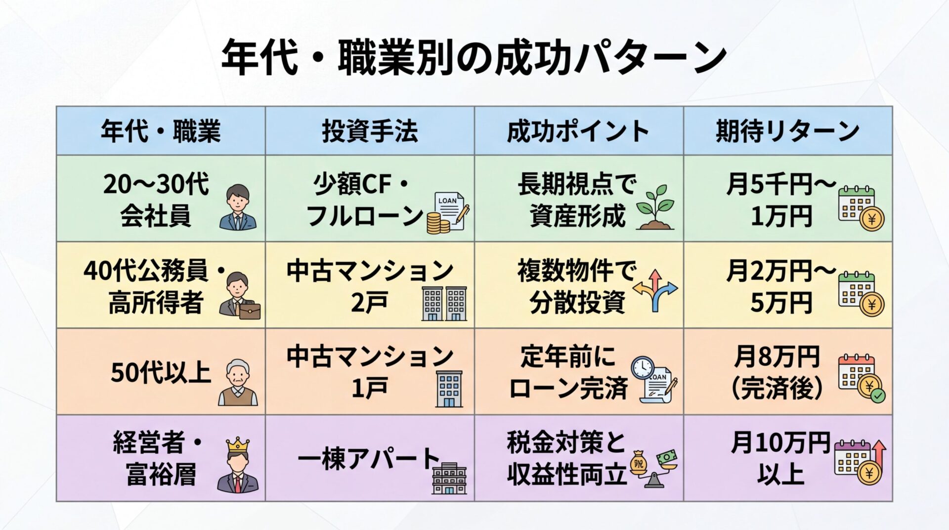 タイトル: 年代・職業別の成功パターン。4列の表: ヘッダー行: 年代・職業 | 投資手法 | 成功ポイント | 期待リターン。行1: 20〜30代会社員 | 少額CF・フルローン | 長期視点で資産形成 | 月5千円〜1万円。行2: 40代公務員・高所得者 | 中古マンション2戸 | 複数物件で分散投資 | 月2万円〜5万円。行3: 50代以上 | 中古マンション1戸 | 定年前にローン完済 | 月8万円(完済後)。行4: 経営者・富裕層 | 一棟アパート | 税金対策と収益性両立 | 月10万円以上