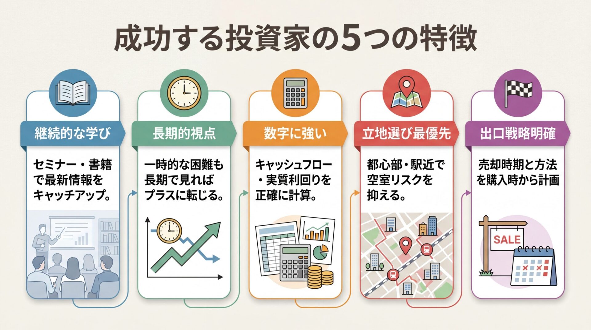 タイトル: 成功する投資家の5つの特徴。縦並び5カードで: カード1(本のアイコン)ヘッダー: 継続的な学び、説明: セミナー・書籍で最新情報をキャッチアップ。カード2(時計のアイコン)ヘッダー: 長期的視点、説明: 一時的な困難も長期で見ればプラスに転じる。カード3(電卓のアイコン)ヘッダー: 数字に強い、説明: キャッシュフロー・実質利回りを正確に計算。カード4(地図のアイコン)ヘッダー: 立地選び最優先、説明: 都心部・駅近で空室リスクを抑える。カード5(ゴールのアイコン)ヘッダー: 出口戦略明確、説明: 売却時期と方法を購入時から計画