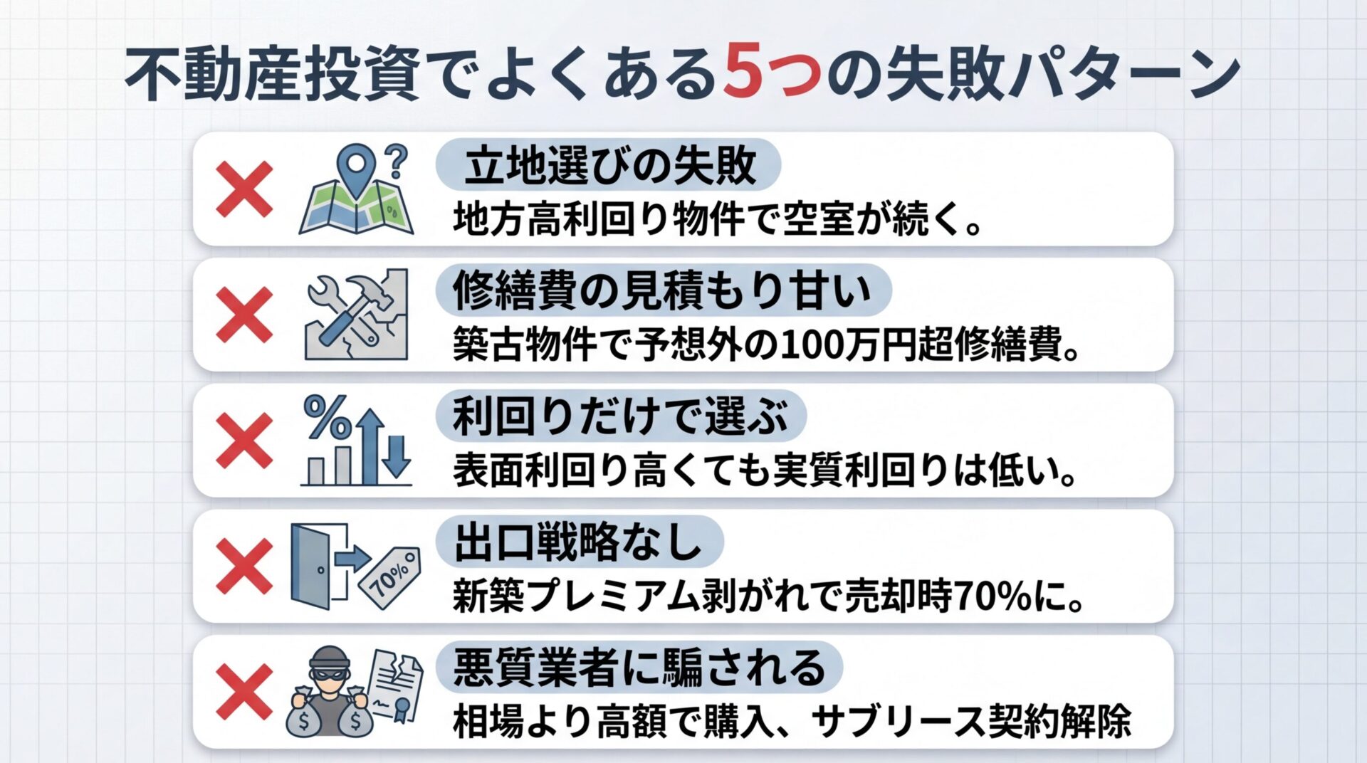 タイトル: 不動産投資でよくある5つの失敗パターン。縦並び5カードで: カード1(×マークと地図)ヘッダー: 立地選びの失敗、説明: 地方高利回り物件で空室が続く。カード2(×マークと工具)ヘッダー: 修繕費の見積もり甘い、説明: 築古物件で予想外の100万円超修繕費。カード3(×マークとパーセント)ヘッダー: 利回りだけで選ぶ、説明: 表面利回り高くても実質利回りは低い。カード4(×マークと出口)ヘッダー: 出口戦略なし、説明: 新築プレミアム剥がれで売却時70%に。カード5(×マークと悪徳業者)ヘッダー: 悪質業者に騙される、説明: 相場より高額で購入、サブリース契約解除
