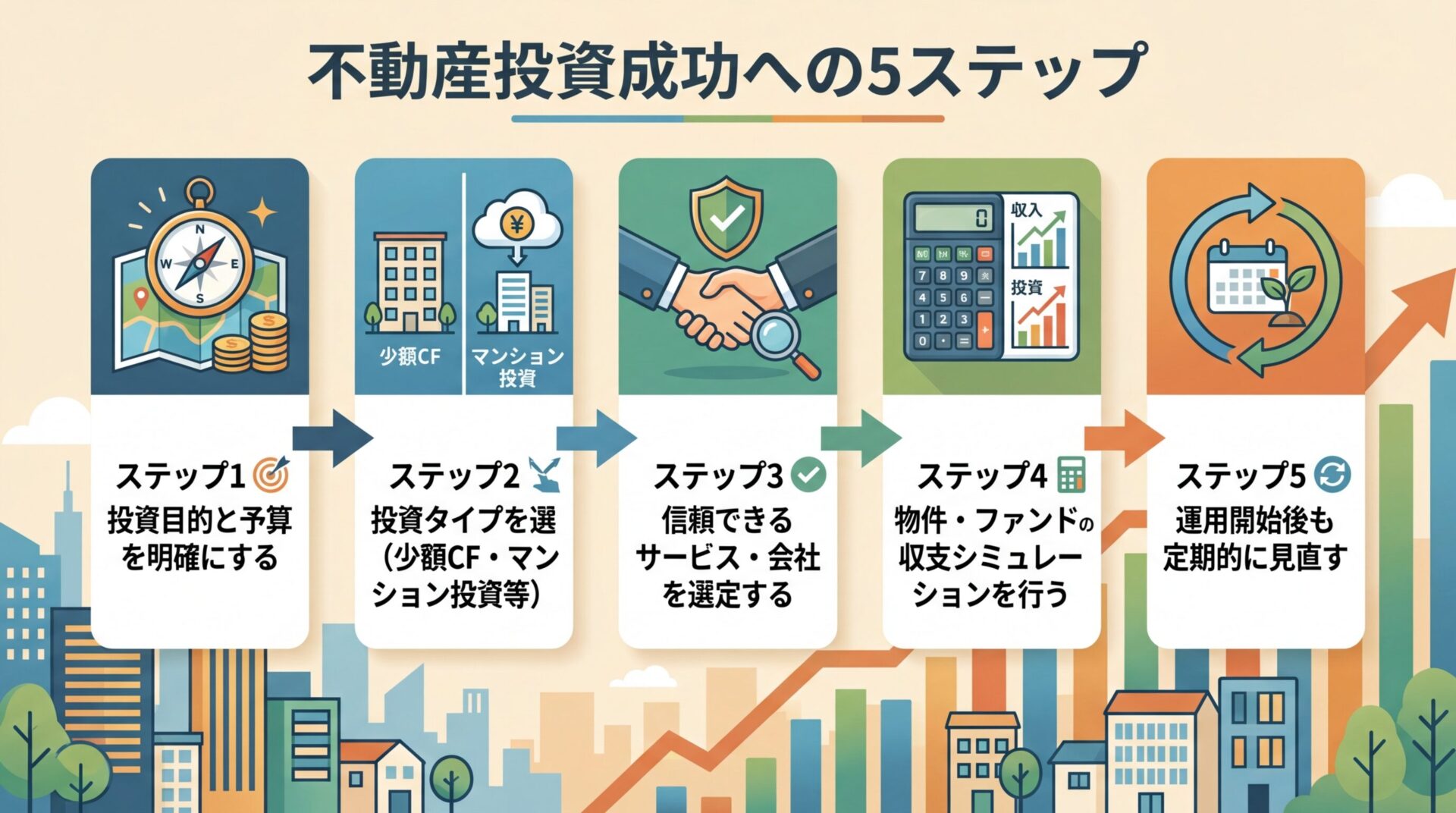 タイトル: 不動産投資成功への5ステップ。縦並びフロー図で: ステップ1(目標アイコン)投資目的と予算を明確にする → ステップ2(選択アイコン)投資タイプを選ぶ(少額CF・マンション投資等) → ステップ3(チェックアイコン)信頼できるサービス・会社を選定する → ステップ4(電卓アイコン)物件・ファンドの収支シミュレーションを行う → ステップ5(更新アイコン)運用開始後も定期的に見直す