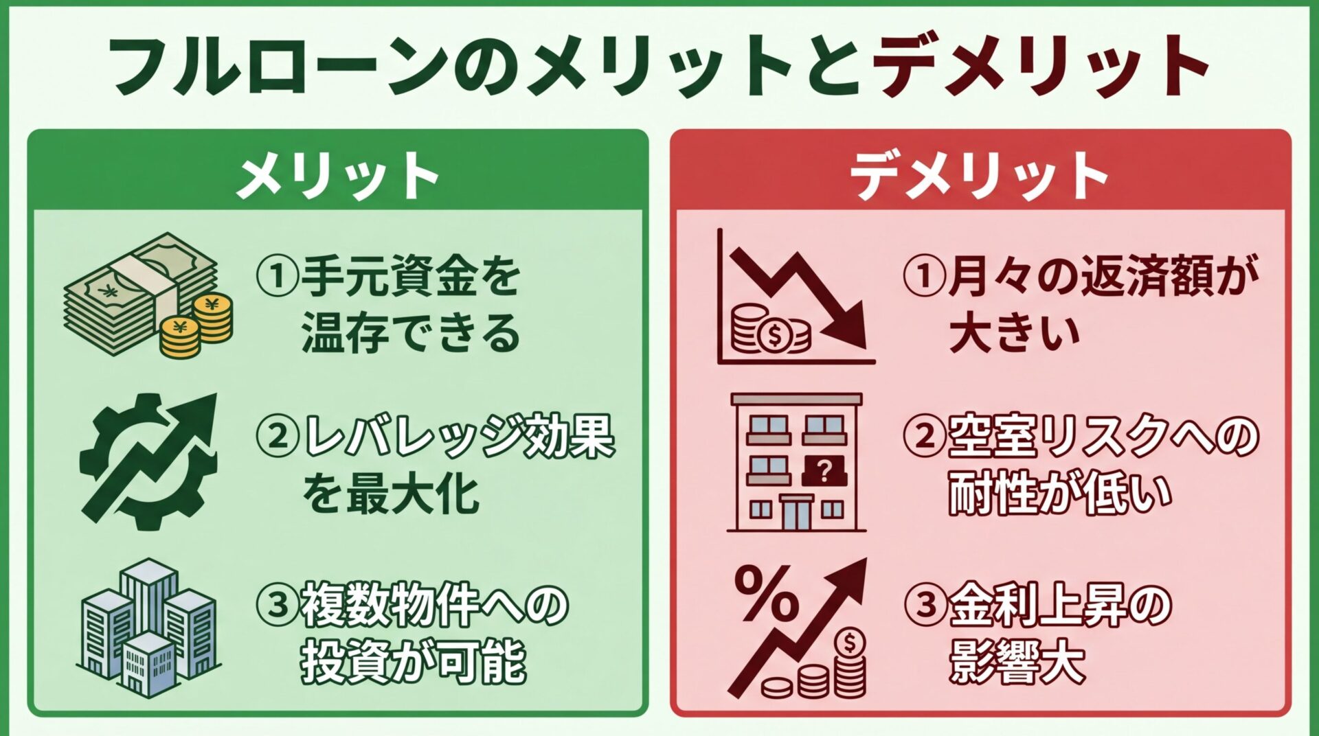 タイトル: フルローンのメリットとデメリット。左右2列の対比図: 左列(緑の背景)メリット: ①手元資金を温存できる(札束のアイコン)、②レバレッジ効果を最大化(上昇矢印のアイコン)、③複数物件への投資が可能(ビル複数のアイコン)。右列(赤の背景)デメリット: ①月々の返済額が大きい(グラフ下降のアイコン)、②空室リスクへの耐性が低い(空き部屋のアイコン)、③金利上昇の影響大(パーセント上昇のアイコン)