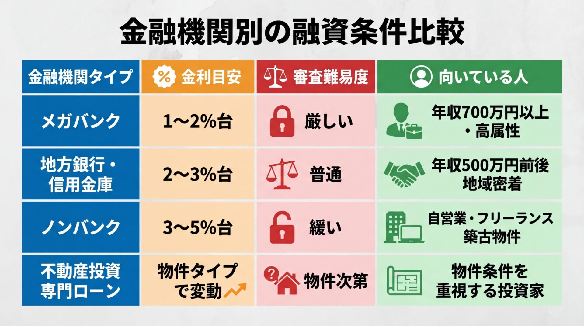 タイトル: 金融機関別の融資条件比較。4行×4列の表。ヘッダー行: 金融機関タイプ | 金利目安 | 審査難易度 | 向いている人。行1: メガバンク | 1〜2%台 | 厳しい | 年収700万円以上・高属性。行2: 地方銀行・信用金庫 | 2〜3%台 | 普通 | 年収500万円前後・地域密着。行3: ノンバンク | 3〜5%台 | 緩い | 自営業・フリーランス・築古物件。行4: 不動産投資専門ローン | 物件タイプで変動 | 物件次第 | 物件条件を重視する投資家