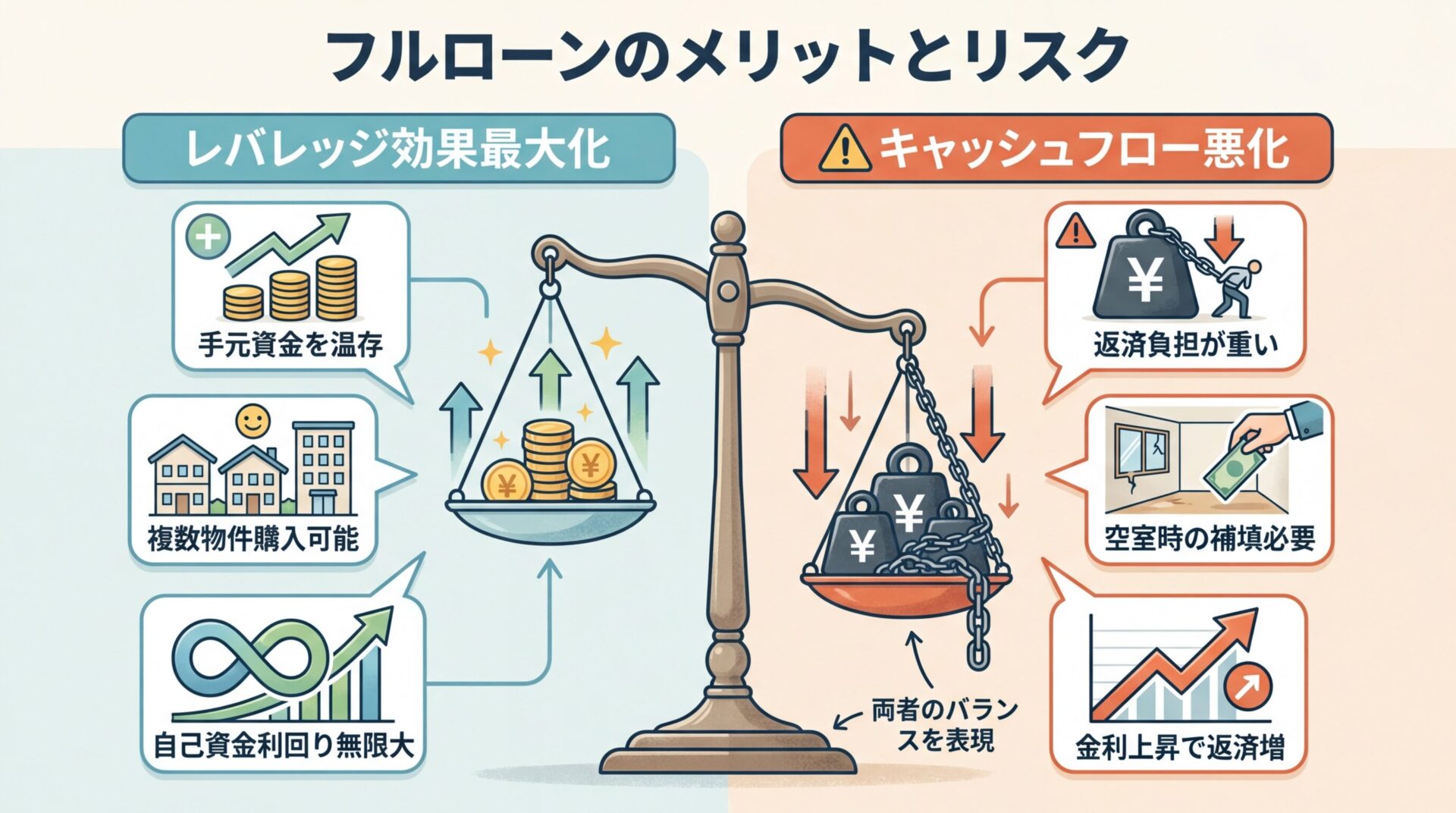 タイトル: フルローンのメリットとリスク。左右2列の対比図。左列(メリット): タイトル「レバレッジ効果最大化」、3つの吹き出し「手元資金を温存」「複数物件購入可能」「自己資金利回り無限大」。右列(リスク): タイトル「キャッシュフロー悪化」、3つの吹き出し「返済負担が重い」「空室時の補填必要」「金利上昇で返済増」。中央に天秤のイラストで両者のバランスを表現
