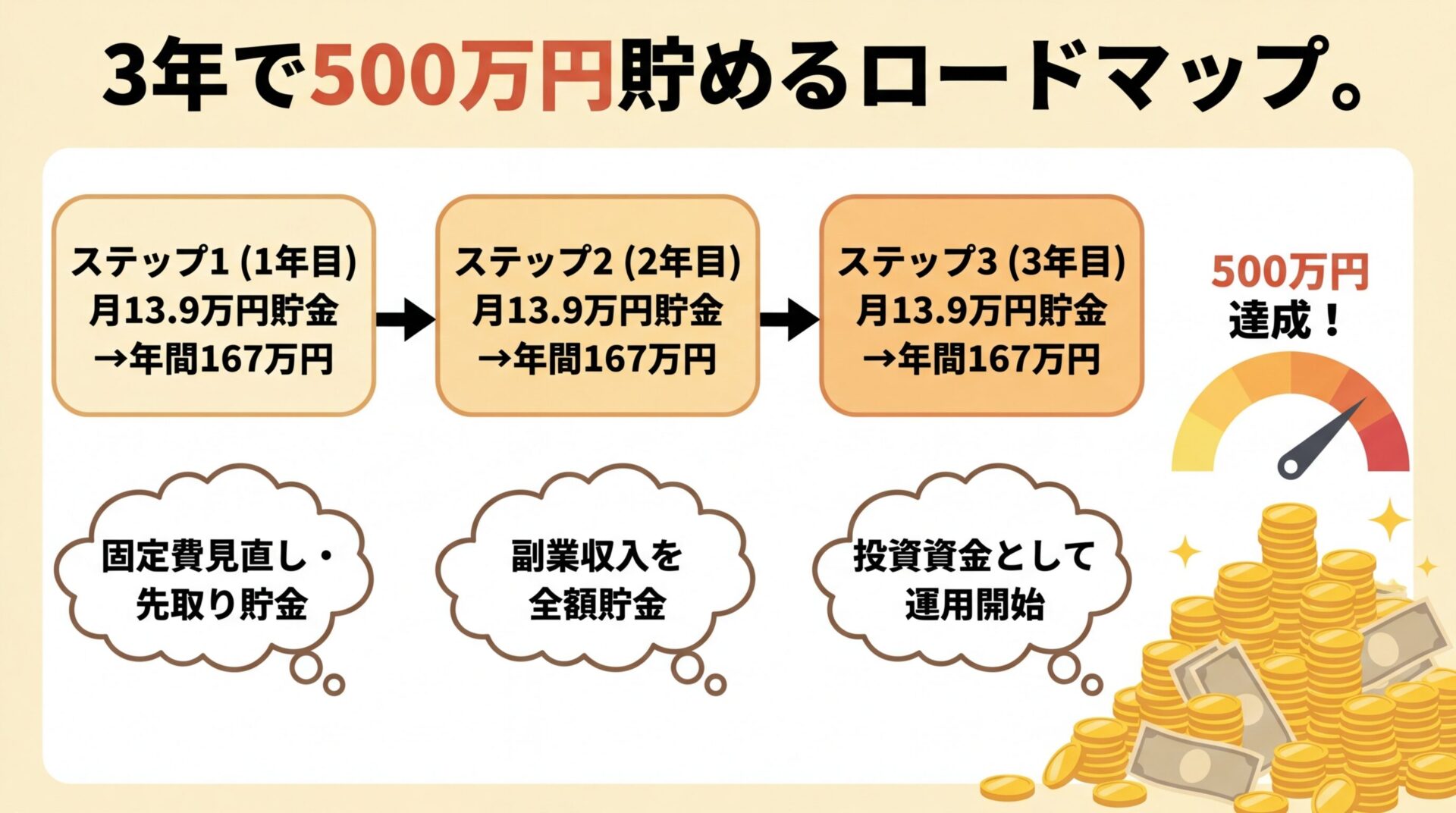 タイトル: 3年で500万円貯めるロードマップ。3段階のステップ図。ステップ1(1年目): 月13.9万円貯金→年間167万円、吹き出し「固定費見直し・先取り貯金」。ステップ2(2年目): 月13.9万円貯金→年間167万円、吹き出し「副業収入を全額貯金」。ステップ3(3年目): 月13.9万円貯金→年間167万円、吹き出し「投資資金として運用開始」。右側に積み上がるコインのイラストで500万円を視覚化