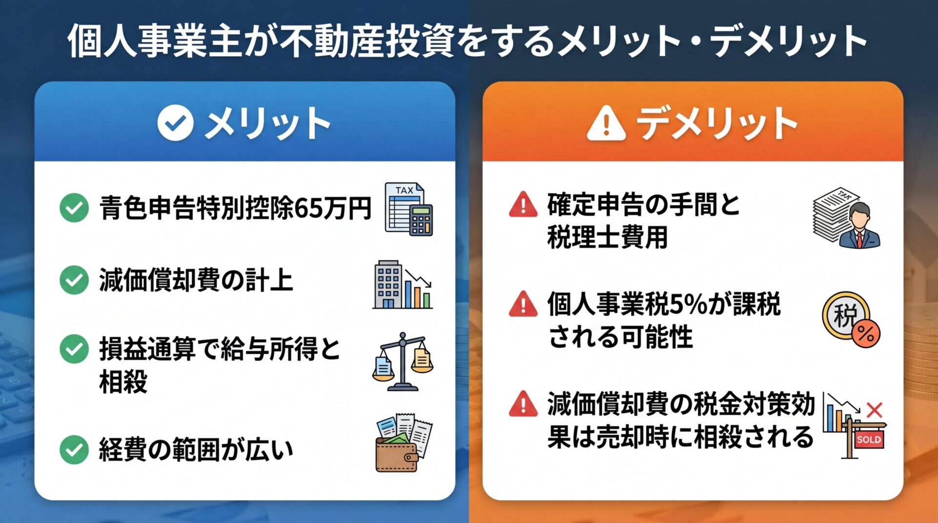 タイトル: 個人事業主が不動産投資をするメリット・デメリット。左右2列の比較カード。左列(メリット): 青色の背景、チェックアイコン、箇条書きで「青色申告特別控除65万円」「減価償却費の計上」「損益通算で給与所得と相殺」「経費の範囲が広い」。右列(デメリット): オレンジの背景、注意アイコン、箇条書きで「確定申告の手間と税理士費用」「個人事業税5%が課税される可能性」「減価償却費の税金対策効果は売却時に相殺される」