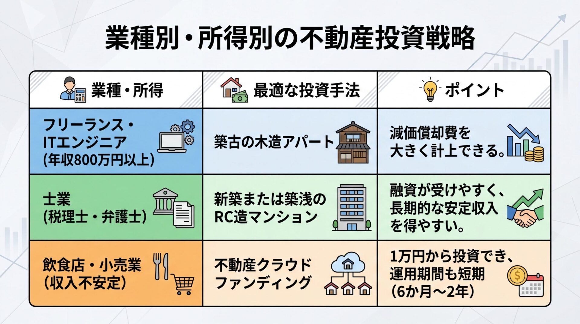 タイトル: 業種別・所得別の不動産投資戦略。3列の表形式。ヘッダー行: 業種・所得 | 最適な投資手法 | ポイント。行1: フリーランス・ITエンジニア(年収800万円以上) | 築古の木造アパート | 減価償却費を大きく計上できる。行2: 士業(税理士・弁護士) | 新築または築浅のRC造マンション | 融資が受けやすく、長期的な安定収入を得やすい。行3: 飲食店・小売業(収入不安定) | 不動産クラウドファンディング | 1万円から投資でき、運用期間も短期(6か月〜2年)