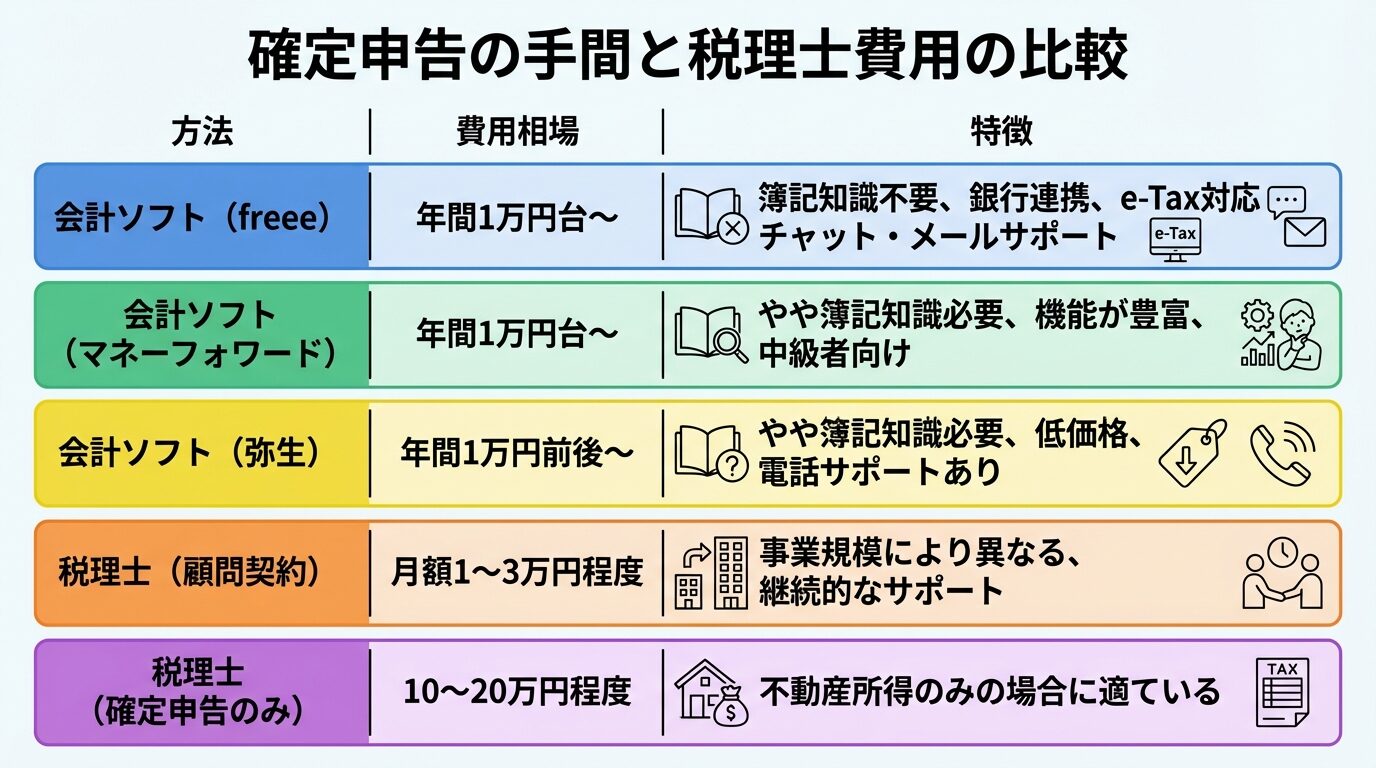 タイトル: 確定申告の手間と税理士費用の比較。2列の表形式。ヘッダー行: 方法 | 費用相場 | 特徴。行1: 会計ソフト(freee) | 年間1万円台〜 | 簿記知識不要、銀行連携、e-Tax対応、チャット・メールサポート。行2: 会計ソフト(マネーフォワード) | 年間1万円台〜 | やや簿記知識必要、機能が豊富、中級者向け。行3: 会計ソフト(弥生) | 年間1万円前後〜 | やや簿記知識必要、低価格、電話サポートあり。行4: 税理士(顧問契約) | 月額1〜3万円程度 | 事業規模により異なる、継続的なサポート。行5: 税理士(確定申告のみ) | 10〜20万円程度 | 不動産所得のみの場合に適している