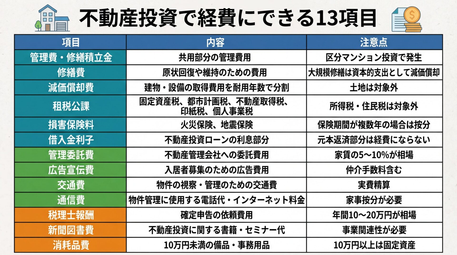 タイトル: 不動産投資で経費にできる13項目。3列×5行の表形式。ヘッダー行: 項目 | 内容 | 注意点。行1: 管理費・修繕積立金 | 共用部分の管理費用 | 区分マンション投資で発生。行2: 修繕費 | 原状回復や維持のための費用 | 大規模修繕は資本的支出として減価償却。行3: 減価償却費 | 建物・設備の取得費用を耐用年数で分割 | 土地は対象外。行4: 租税公課 | 固定資産税、都市計画税、不動産取得税、印紙税、個人事業税 | 所得税・住民税は対象外。行5: 損害保険料 | 火災保険、地震保険 | 保険期間が複数年の場合は按分。行6: 借入金利子 | 不動産投資ローンの利息部分 | 元本返済部分は経費にならない。行7: 管理委託費 | 不動産管理会社への委託費用 | 家賃の5〜10%が相場。行8: 広告宣伝費 | 入居者募集のための広告費用 | 仲介手数料含む。行9: 交通費 | 物件の視察・管理のための交通費 | 実費精算。行10: 通信費 | 物件管理に使用する電話代・インターネット料金 | 家事按分が必要。行11: 税理士報酬 | 確定申告の依頼費用 | 年間10〜20万円が相場。行12: 新聞図書費 | 不動産投資に関する書籍・セミナー代 | 事業関連性が必要。行13: 消耗品費 | 10万円未満の備品・事務用品 | 10万円以上は固定資産
