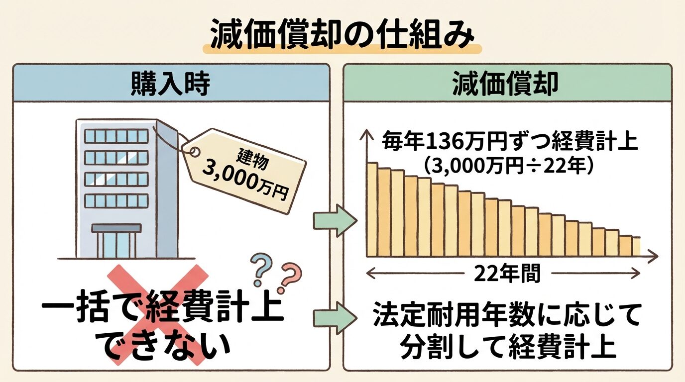タイトル: 減価償却の仕組み。左右2列の図解。左列「購入時」: 建物3,000万円のイラスト、下に「一括で経費計上できない」。右列「減価償却」: 22年間の時間軸、毎年136万円ずつ経費計上(3,000万円÷22年)のグラフ、下に「法定耐用年数に応じて分割して経費計上」