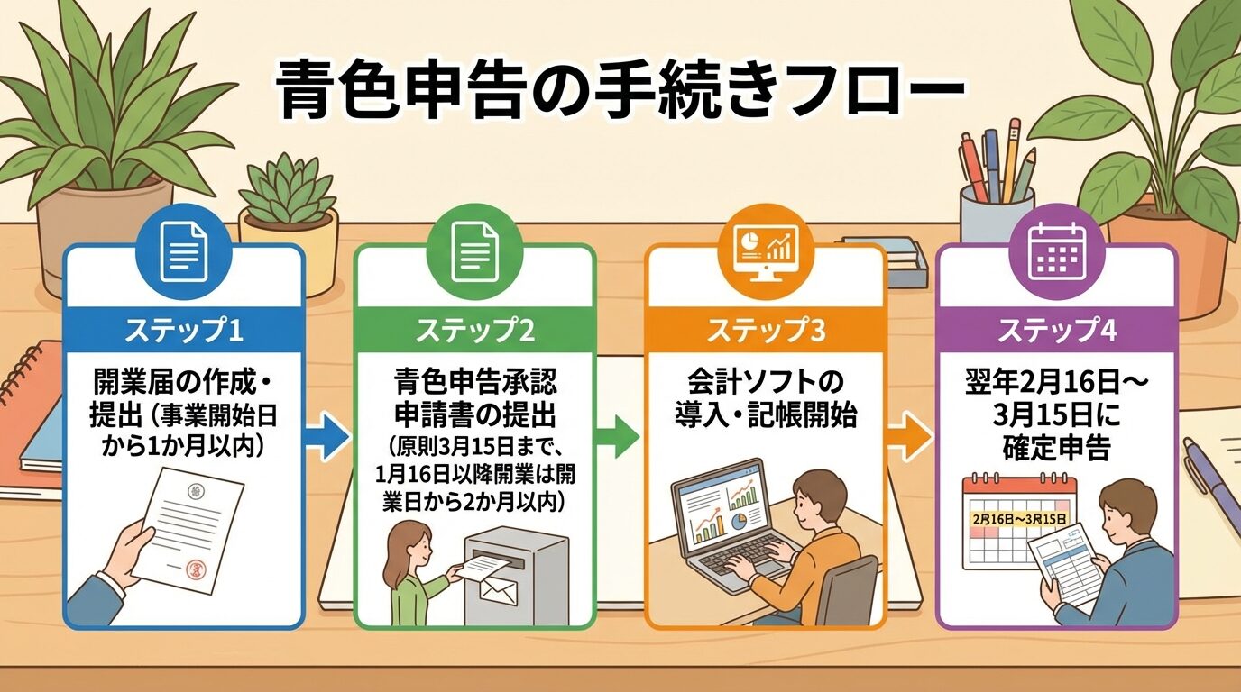 タイトル: 青色申告の手続きフロー。ステップ形式で: ステップ1(書類アイコン)開業届の作成・提出(事業開始日から1か月以内)→ステップ2(書類アイコン)青色申告承認申請書の提出(原則3月15日まで、1月16日以降開業は開業日から2か月以内)→ステップ3(パソコンアイコン)会計ソフトの導入・記帳開始→ステップ4(カレンダーアイコン)翌年2月16日〜3月15日に確定申告