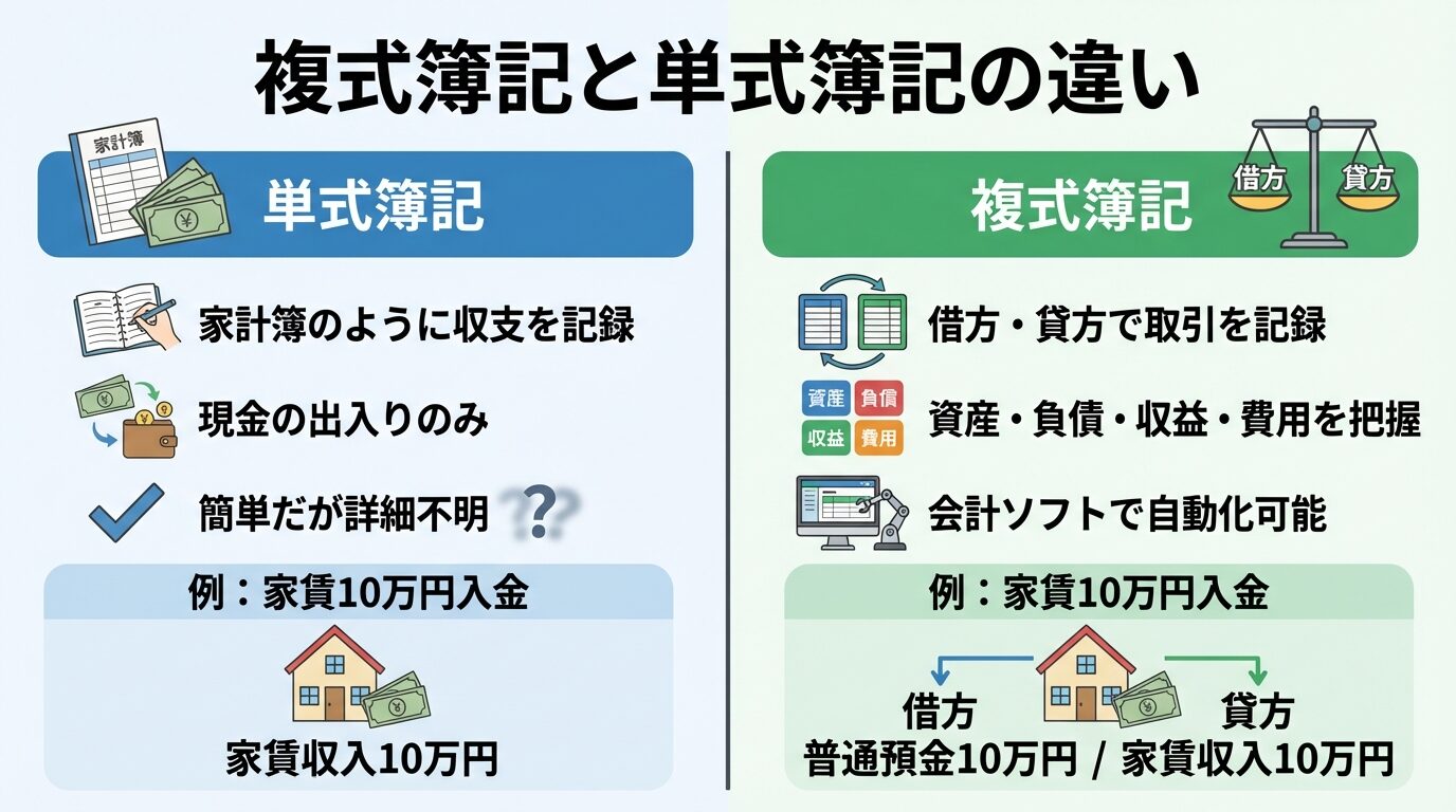 タイトル: 複式簿記と単式簿記の違い。左右2列で比較: 左列(単式簿記)家計簿のように収支を記録、現金の出入りのみ、簡単だが詳細不明。右列(複式簿記)借方・貸方で取引を記録、資産・負債・収益・費用を把握、会計ソフトで自動化可能。例: 家賃10万円入金→単式: 家賃収入10万円、複式: 借方 普通預金10万円/貸方 家賃収入10万円