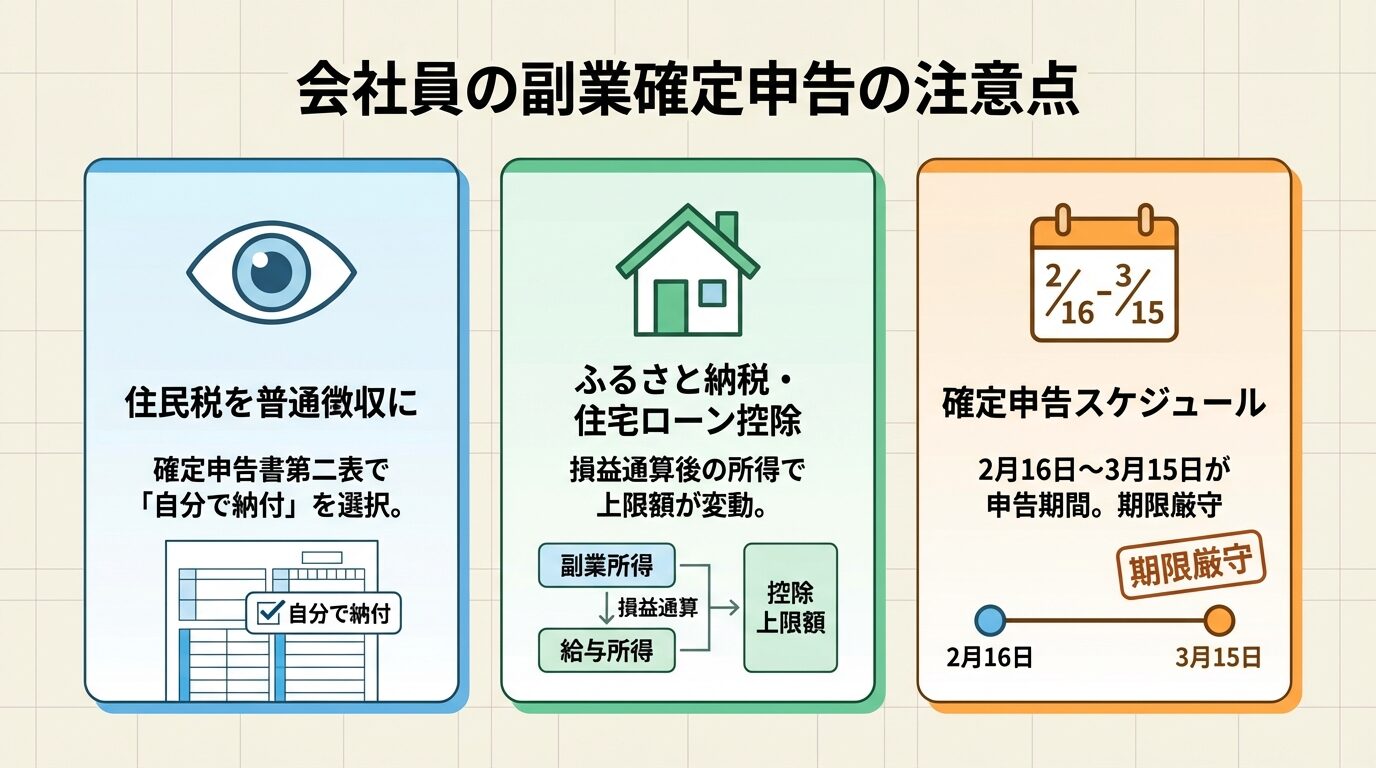 タイトル: 会社員の副業確定申告の注意点。3つのポイントを縦並びカードで: カード1(目のアイコン)住民税を普通徴収に、確定申告書第二表で「自分で納付」を選択。カード2(家のアイコン)ふるさと納税・住宅ローン控除、損益通算後の所得で上限額が変動。カード3(カレンダーアイコン)確定申告スケジュール、2月16日〜3月15日が申告期間。期限厳守