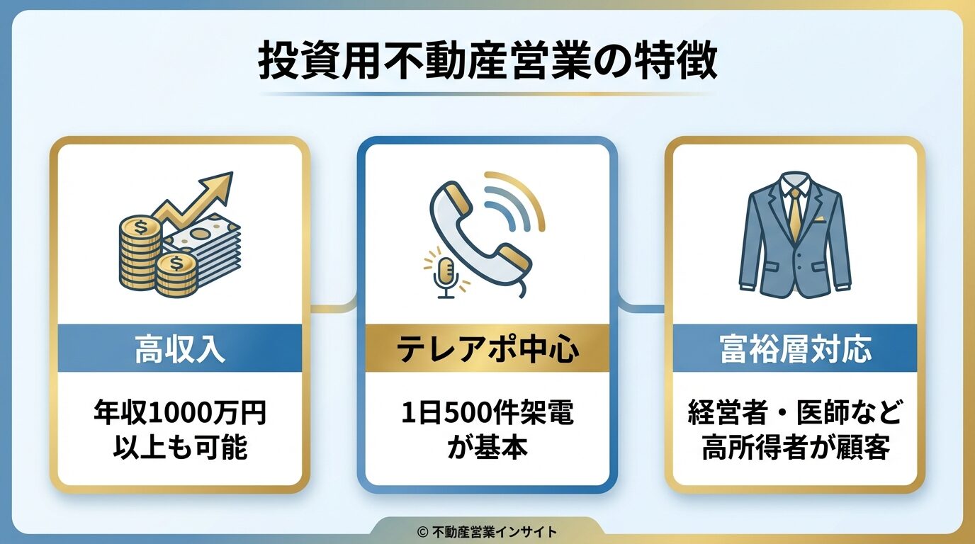 タイトル: 投資用不動産営業の特徴。横並び3カードで: カード1(お金のアイコン)ヘッダー: 高収入、説明: 年収1000万円以上も可能。カード2(電話のアイコン)ヘッダー: テレアポ中心、説明: 1日500件架電が基本。カード3(スーツのアイコン)ヘッダー: 富裕層対応、説明: 経営者・医師など高所得者が顧客