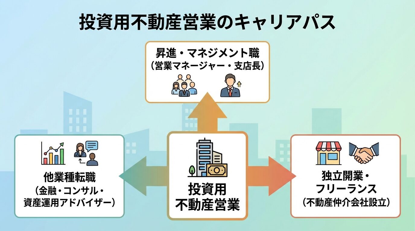 タイトル: 投資用不動産営業のキャリアパス。中央に「投資用不動産営業」のボックス、そこから3方向に矢印で: 上方向「昇進・マネジメント職(営業マネージャー・支店長)」、右方向「独立開業・フリーランス(不動産仲介会社設立)」、左方向「他業種転職(金融・コンサル・資産運用アドバイザー)」