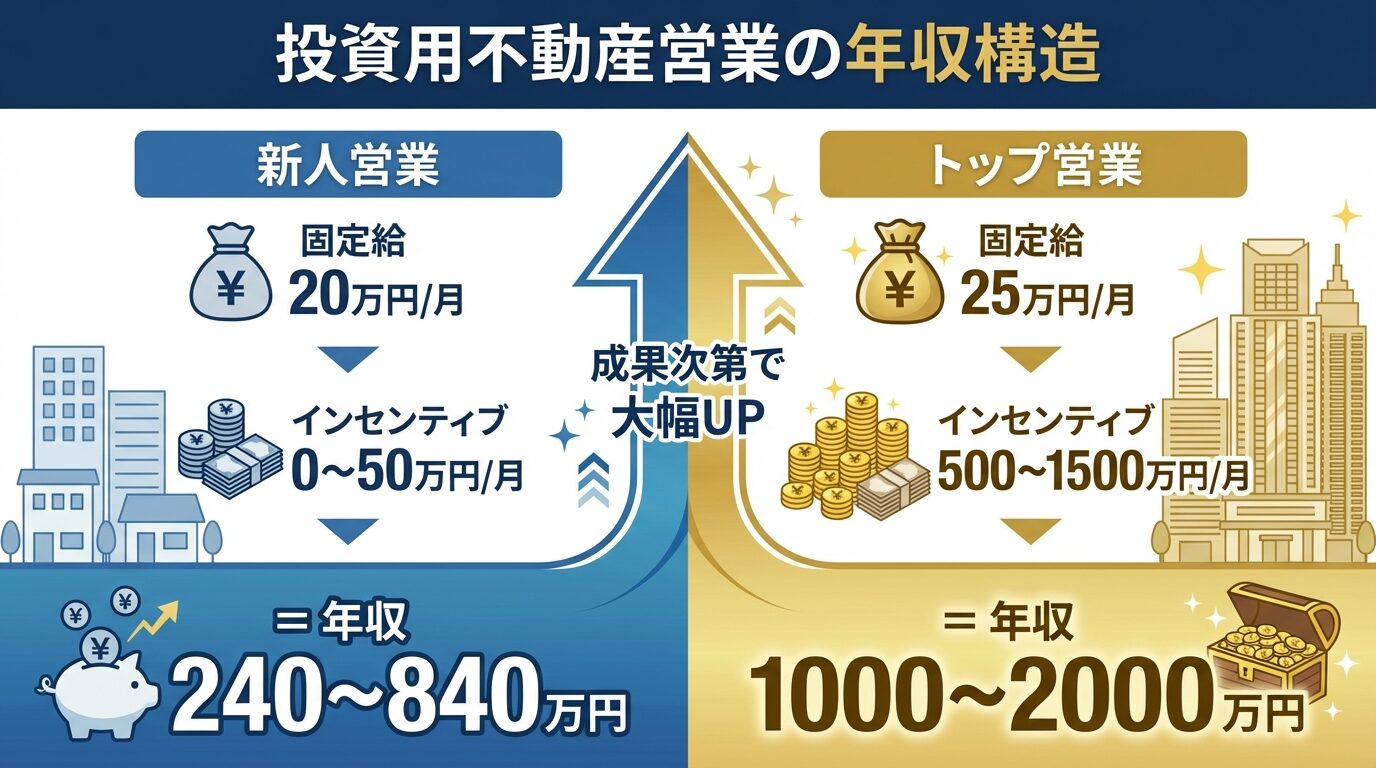 タイトル: 投資用不動産営業の年収構造。左右2列の比較図で: 左側(新人営業)固定給20万円+インセンティブ0〜50万円=年収240〜840万円。右側(トップ営業)固定給25万円+インセンティブ500〜1500万円=年収1000〜2000万円。中央に上向き矢印で「成果次第で大幅UP」