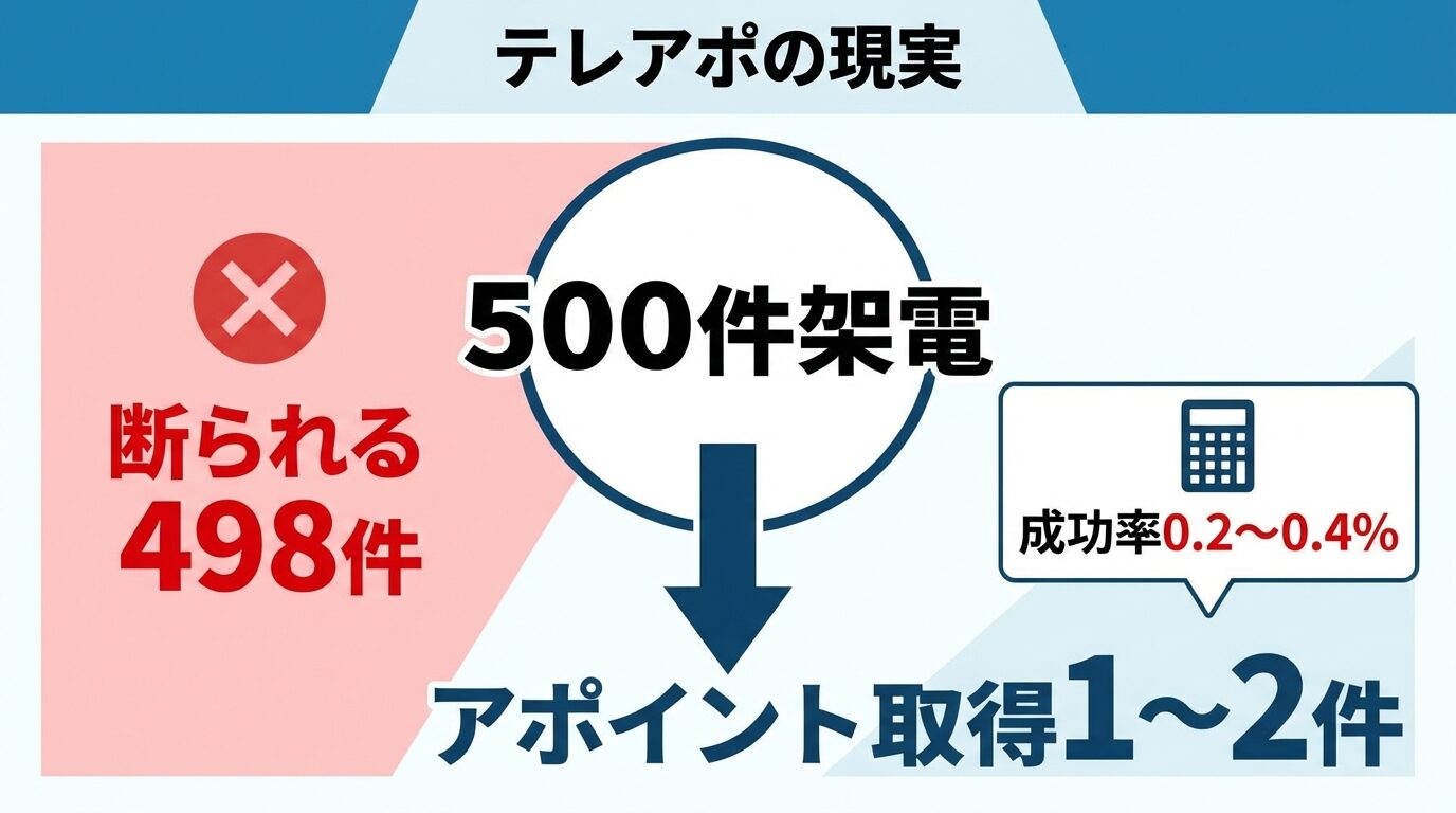 タイトル: テレアポの現実。中央に大きく「500件架電」の数字、その下に下向き矢印で「アポイント取得1〜2件」。左側に「断られる498件」と赤字で表示。右側に「成功率0.2〜0.4%」と小さく注釈