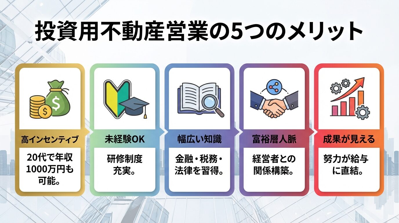 タイトル: 投資用不動産営業の5つのメリット。横並び5カードで: カード1(お金のアイコン)ヘッダー: 高インセンティブ、説明: 20代で年収1000万円も可能。カード2(初心者マークのアイコン)ヘッダー: 未経験OK、説明: 研修制度充実。カード3(本のアイコン)ヘッダー: 幅広い知識、説明: 金融・税務・法律を習得。カード4(握手のアイコン)ヘッダー: 富裕層人脈、説明: 経営者との関係構築。カード5(グラフのアイコン)ヘッダー: 成果が見える、説明: 努力が給与に直結
