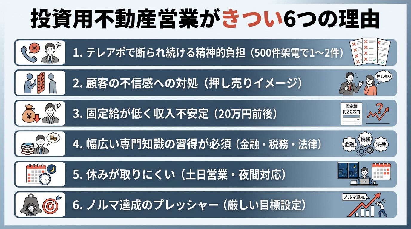 タイトル: 投資用不動産営業がきつい6つの理由。縦並び6項目リストで: 1. テレアポで断られ続ける精神的負担(500件架電で1〜2件)、2. 顧客の不信感への対処(押し売りイメージ)、3. 固定給が低く収入不安定(20万円前後)、4. 幅広い専門知識の習得が必須(金融・税務・法律)、5. 休みが取りにくい(土日営業・夜間対応)、6. ノルマ達成のプレッシャー(厳しい目標設定)