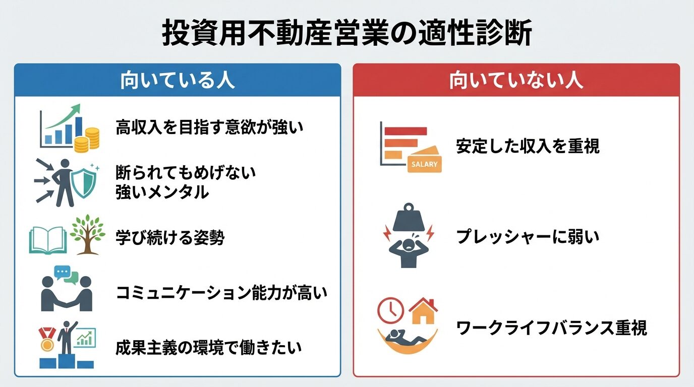 タイトル: 投資用不動産営業の適性診断。左右2列の対比図で: 左側(向いている人)5項目: 高収入を目指す意欲が強い、断られてもめげない強いメンタル、学び続ける姿勢、コミュニケーション能力が高い、成果主義の環境で働きたい。右側(向いていない人)3項目: 安定した収入を重視、プレッシャーに弱い、ワークライフバランス重視