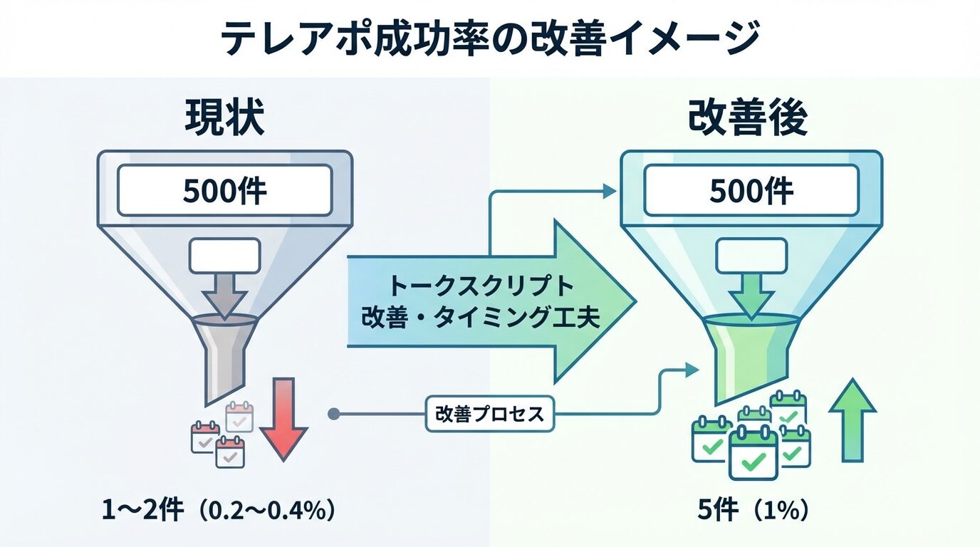 タイトル: テレアポ成功率の改善イメージ。左側に「現状」として500件→1〜2件(0.2〜0.4%)、右側に「改善後」として500件→5件(1%)。中央に右向き矢印で「トークスクリプト改善・タイミング工夫」