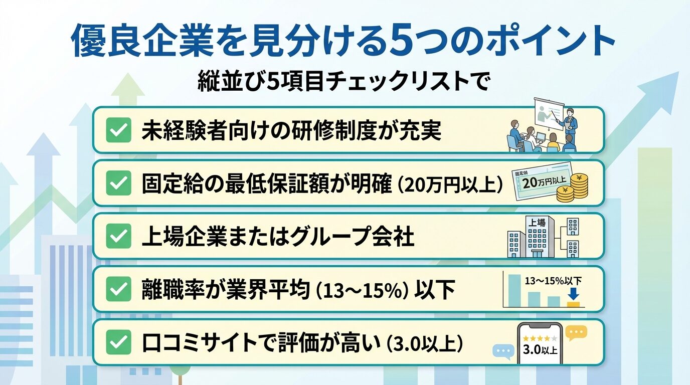 タイトル: 優良企業を見分ける5つのポイント。縦並び5項目チェックリストで: ✓ 未経験者向けの研修制度が充実、✓ 固定給の最低保証額が明確(20万円以上)、✓ 上場企業またはグループ会社、✓ 離職率が業界平均(13〜15%)以下、✓ 口コミサイトで評価が高い(3.0以上)