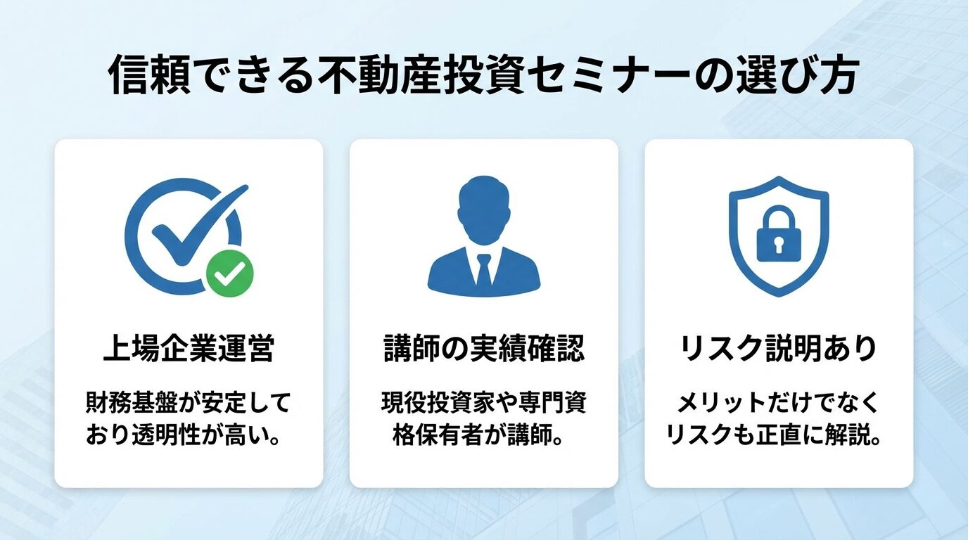 タイトル: 信頼できる不動産投資セミナーの選び方。横並び3カードで: カード1(チェックマークアイコン)ヘッダー: 上場企業運営、説明: 財務基盤が安定しており透明性が高い。カード2(人物アイコン)ヘッダー: 講師の実績確認、説明: 現役投資家や専門資格保有者が講師。カード3(盾アイコン)ヘッダー: リスク説明あり、説明: メリットだけでなくリスクも正直に解説