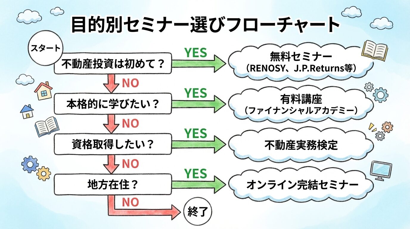 タイトル: 目的別セミナー選びフローチャート。フロー図で: スタート→「不動産投資は初めて?」→YES→「無料セミナー(RENOSY、J.P.Returns等)」、NO→「本格的に学びたい?」→YES→「有料講座(ファイナンシャルアカデミー)」、NO→「資格取得したい?」→YES→「不動産実務検定」、NO→「地方在住?」→YES→「オンライン完結セミナー」
