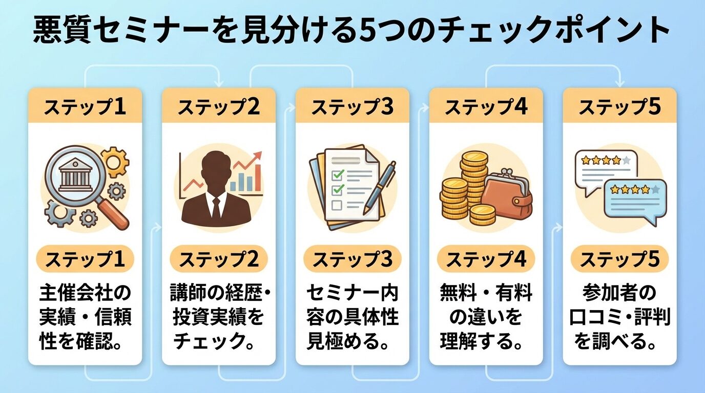 タイトル: 悪質セミナーを見分ける5つのチェックポイント。縦並び5ステップで: ステップ1(虫眼鏡アイコン)主催会社の実績・信頼性を確認。ステップ2(人物アイコン)講師の経歴・投資実績をチェック。ステップ3(書類アイコン)セミナー内容の具体性を見極める。ステップ4(コインアイコン)無料・有料の違いを理解する。ステップ5(吹き出しアイコン)参加者の口コミ・評判を調べる
