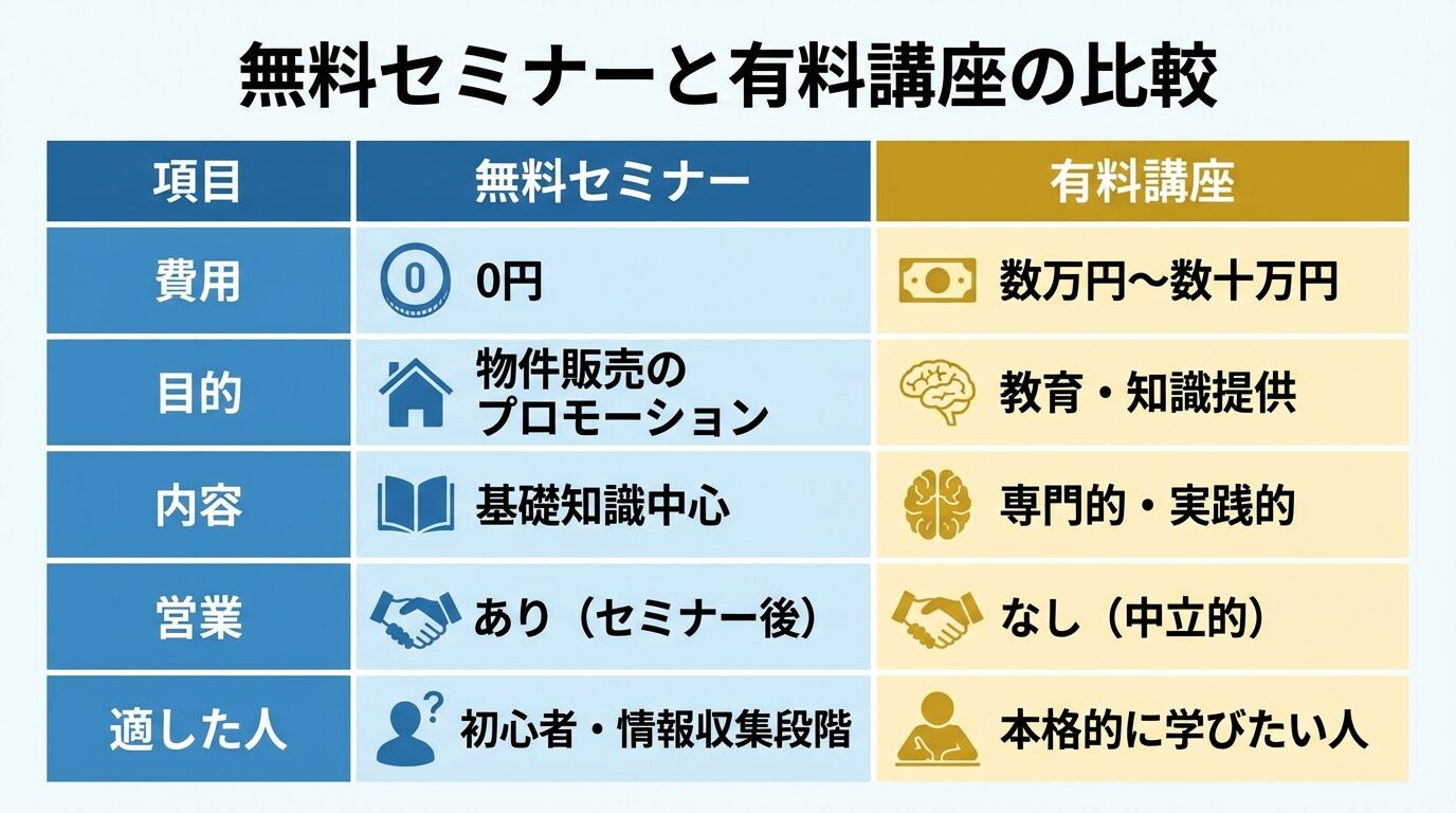 タイトル: 無料セミナーと有料講座の比較。2列の表で: ヘッダー行: 項目 | 無料セミナー | 有料講座。行1: 費用 | 0円 | 数万円〜数十万円。行2: 目的 | 物件販売のプロモーション | 教育・知識提供。行3: 内容 | 基礎知識中心 | 専門的・実践的。行4: 営業 | あり(セミナー後) | なし(中立的)。行5: 適した人 | 初心者・情報収集段階 | 本格的に学びたい人
