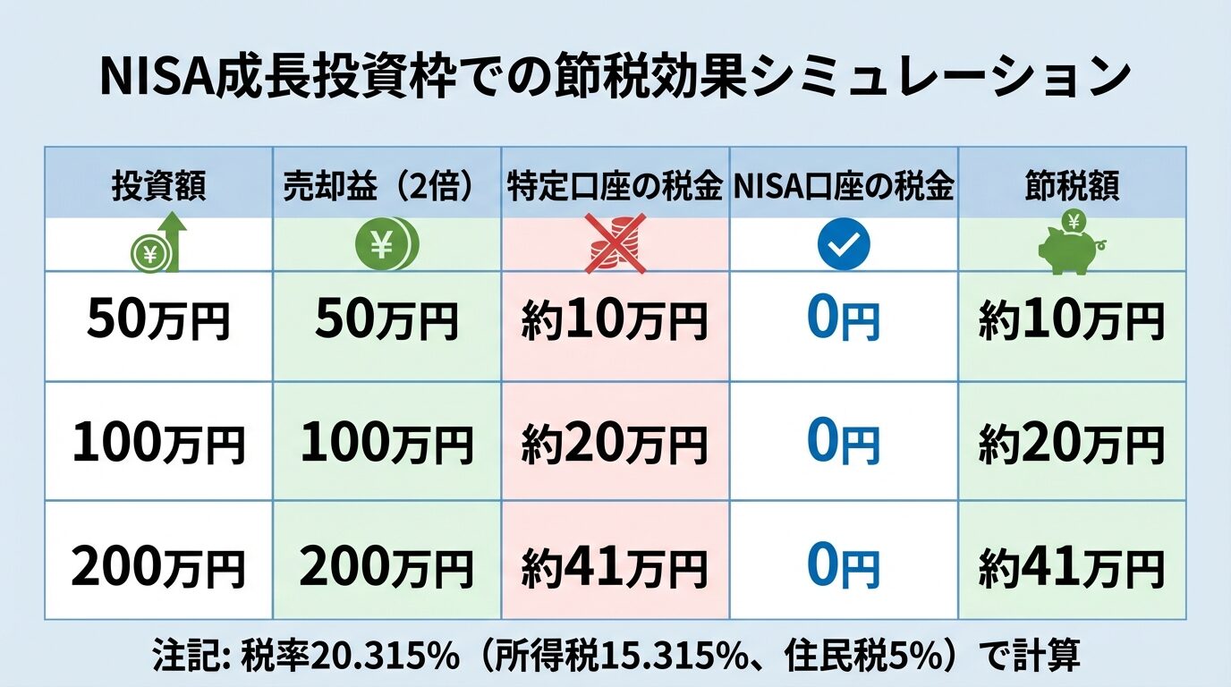 タイトル: NISA成長投資枠での節税効果シミュレーション。3列の表で: ヘッダー行: 投資額 | 売却益（2倍）| 特定口座の税金 | NISA口座の税金 | 節税額。行1: 50万円 | 50万円 | 約10万円 | 0円 | 約10万円。行2: 100万円 | 100万円 | 約20万円 | 0円 | 約20万円。行3: 200万円 | 200万円 | 約41万円 | 0円 | 約41万円。下部に注記: 税率20.315%（所得税15.315%、住民税5%）で計算