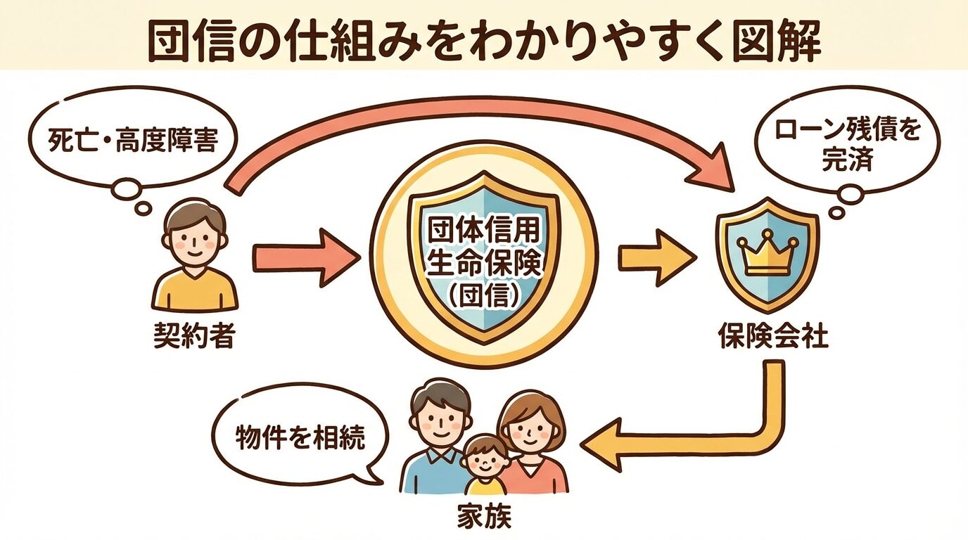 タイトル: 団信の仕組みをわかりやすく図解。中央に「団体信用生命保険（団信）」の文字。左側に「契約者」のアイコン（人物）と「死亡・高度障害」の吹き出し。右側に「保険会社」のアイコン（盾）と「ローン残債を完済」の吹き出し。下部に「家族」のアイコン（家族3人）と「物件を相続」の吹き出し。矢印でフローを示す