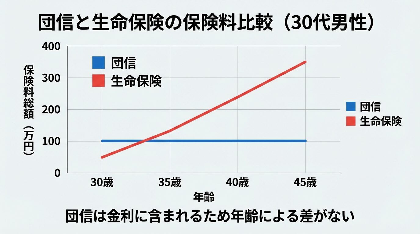 タイトル: 団信と生命保険の保険料比較（30代男性）。横軸に年齢（30歳、35歳、40歳、45歳）、縦軸に保険料総額（万円）。2本の折れ線グラフ: 青線「団信」はほぼ横ばい（年齢による差なし）、赤線「生命保険」は右肩上がり（年齢とともに上昇）。グラフ下部に注記「団信は金利に含まれるため年齢による差がない」