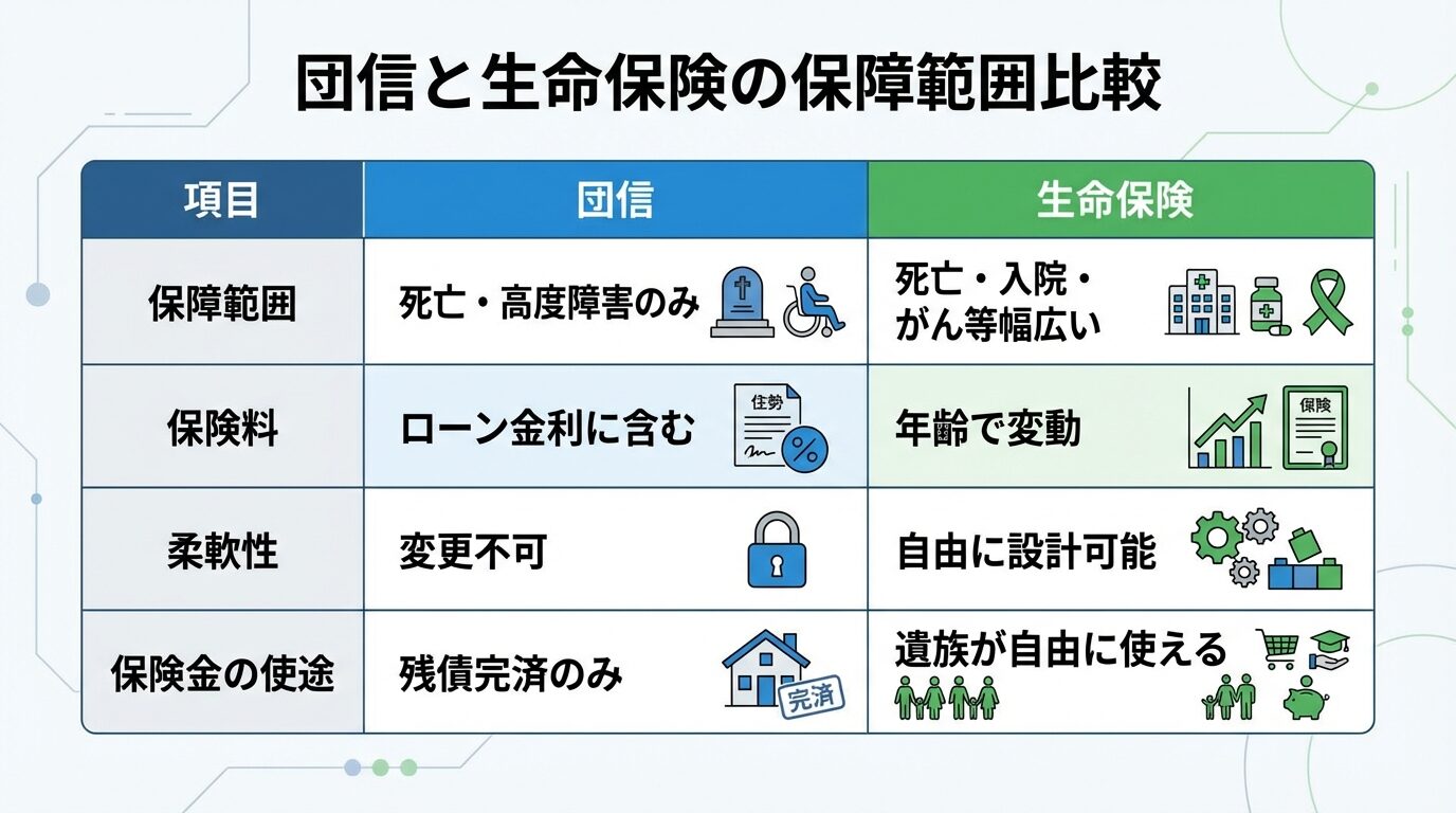 タイトル: 団信と生命保険の保障範囲比較。2列の表形式。ヘッダー行: 項目 | 団信 | 生命保険。行1: 保障範囲 | 死亡・高度障害のみ | 死亡・入院・がん等幅広い。行2: 保険料 | ローン金利に含む | 年齢で変動。行3: 柔軟性 | 変更不可 | 自由に設計可能。行4: 保険金の使途 | 残債完済のみ | 遺族が自由に使える