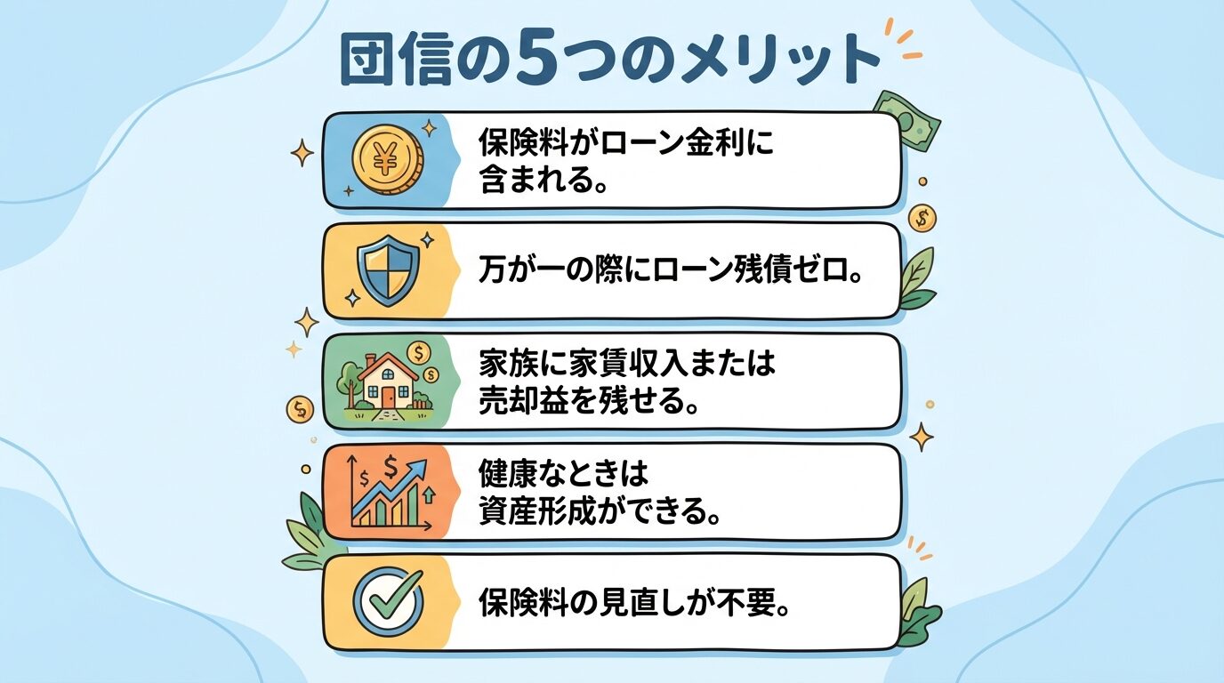 タイトル: 団信の5つのメリット。縦に並ぶ5つのカード形式。カード1（コインのアイコン）: 保険料がローン金利に含まれる。カード2（盾のアイコン）: 万が一の際にローン残債ゼロ。カード3（家のアイコン）: 家族に家賃収入または売却益を残せる。カード4（グラフのアイコン）: 健康なときは資産形成ができる。カード5（チェックマークのアイコン）: 保険料の見直しが不要