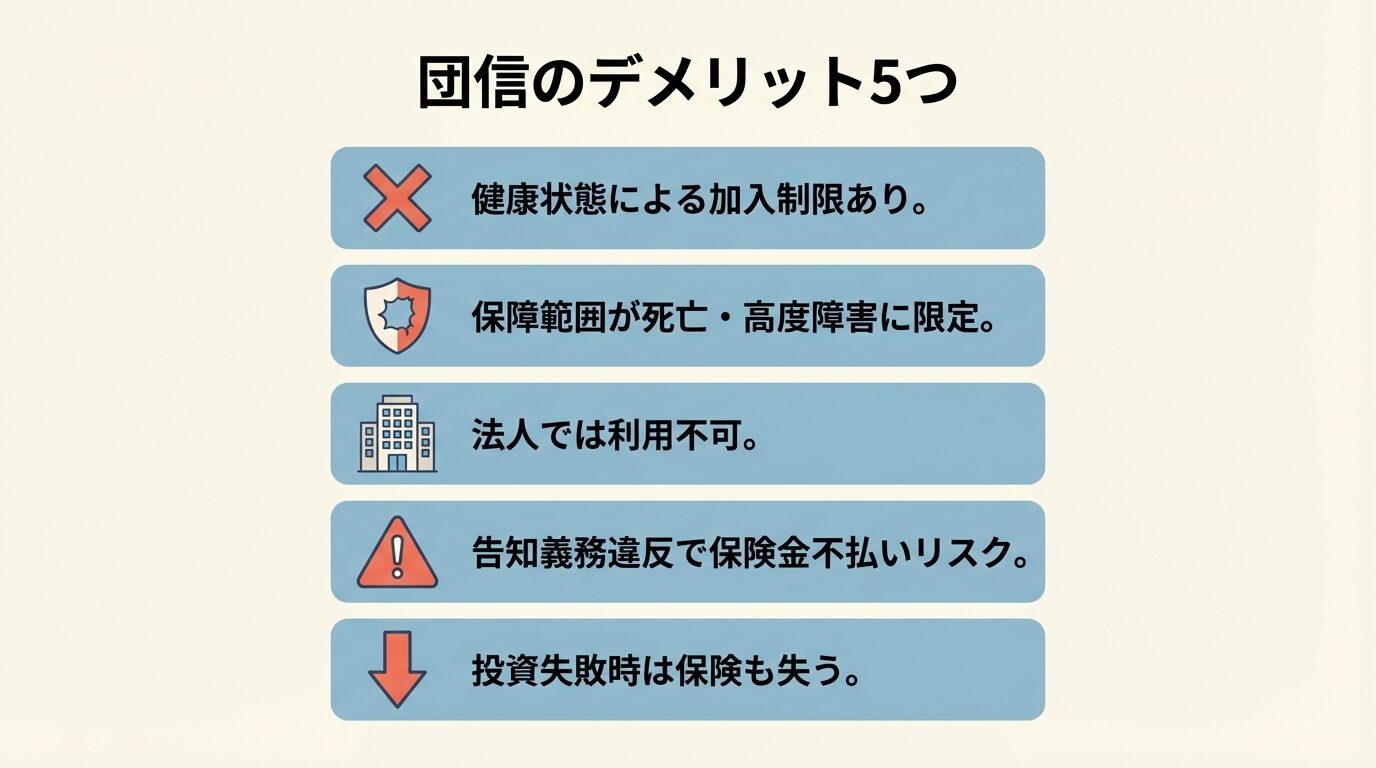 タイトル: 団信のデメリット5つ。縦に並ぶ5つのカード形式。カード1（バツマークのアイコン）: 健康状態による加入制限あり。カード2（盾に穴のアイコン）: 保障範囲が死亡・高度障害に限定。カード3（ビルのアイコン）: 法人では利用不可。カード4（警告のアイコン）: 告知義務違反で保険金不払いリスク。カード5（下向き矢印のアイコン）: 投資失敗時は保険も失う