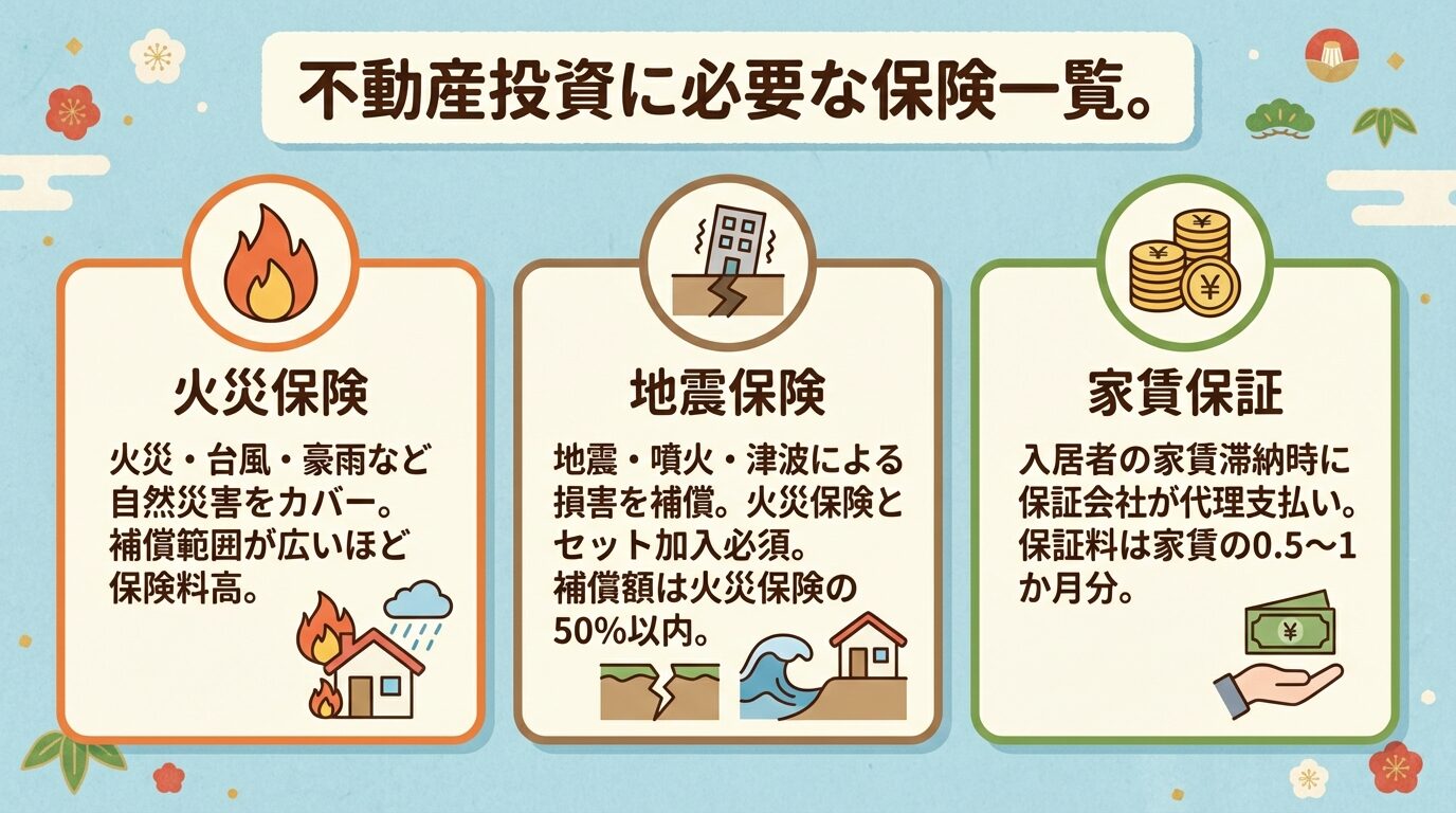 タイトル: 不動産投資に必要な保険一覧。3つの横並びカード形式。カード1（炎のアイコン）ヘッダー: 火災保険、内容: 火災・台風・豪雨など自然災害をカバー、補償範囲が広いほど保険料高。カード2（地震のアイコン）ヘッダー: 地震保険、内容: 地震・噴火・津波による損害を補償、火災保険とセット加入必須、補償額は火災保険の50%以内。カード3（お金のアイコン）ヘッダー: 家賃保証、内容: 入居者の家賃滞納時に保証会社が代理支払い、保証料は家賃の0.5〜1か月分