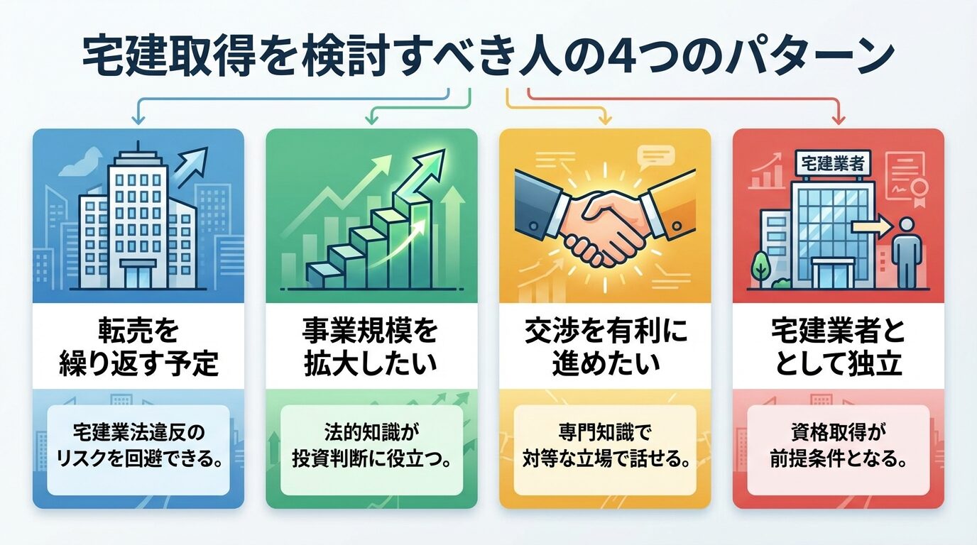 タイトル: 宅建取得を検討すべき人の4つのパターン。縦並び4カードで: カード1(ビルのアイコン)ヘッダー: 転売を繰り返す予定、説明: 宅建業法違反のリスクを回避できる。カード2(階段のアイコン)ヘッダー: 事業規模を拡大したい、説明: 法的知識が投資判断に役立つ。カード3(握手のアイコン)ヘッダー: 交渉を有利に進めたい、説明: 専門知識で対等な立場で話せる。カード4(会社のアイコン)ヘッダー: 宅建業者として独立、説明: 資格取得が前提条件となる