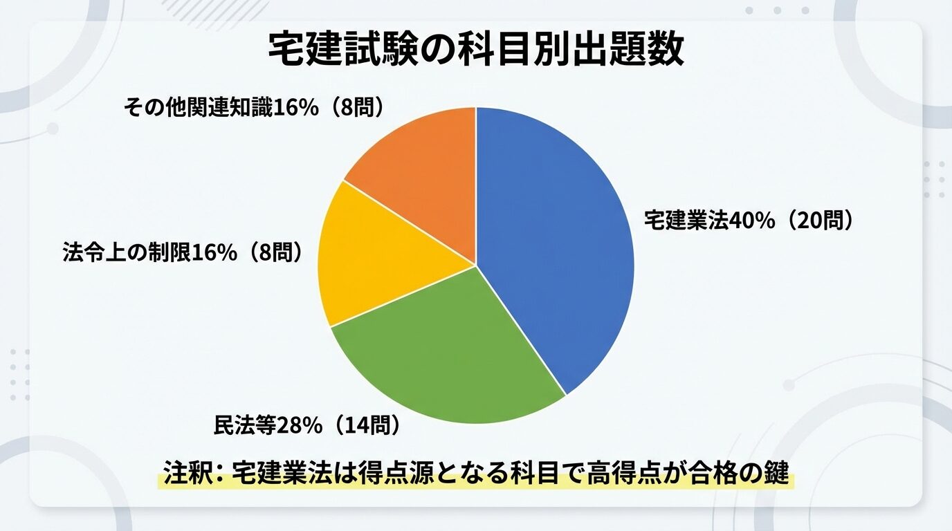 タイトル: 宅建試験の科目別出題数。円グラフで: 宅建業法40%(20問)、民法等28%(14問)、法令上の制限16%(8問)、その他関連知識16%(8問)。注釈: 宅建業法は得点源となる科目で高得点が合格の鍵