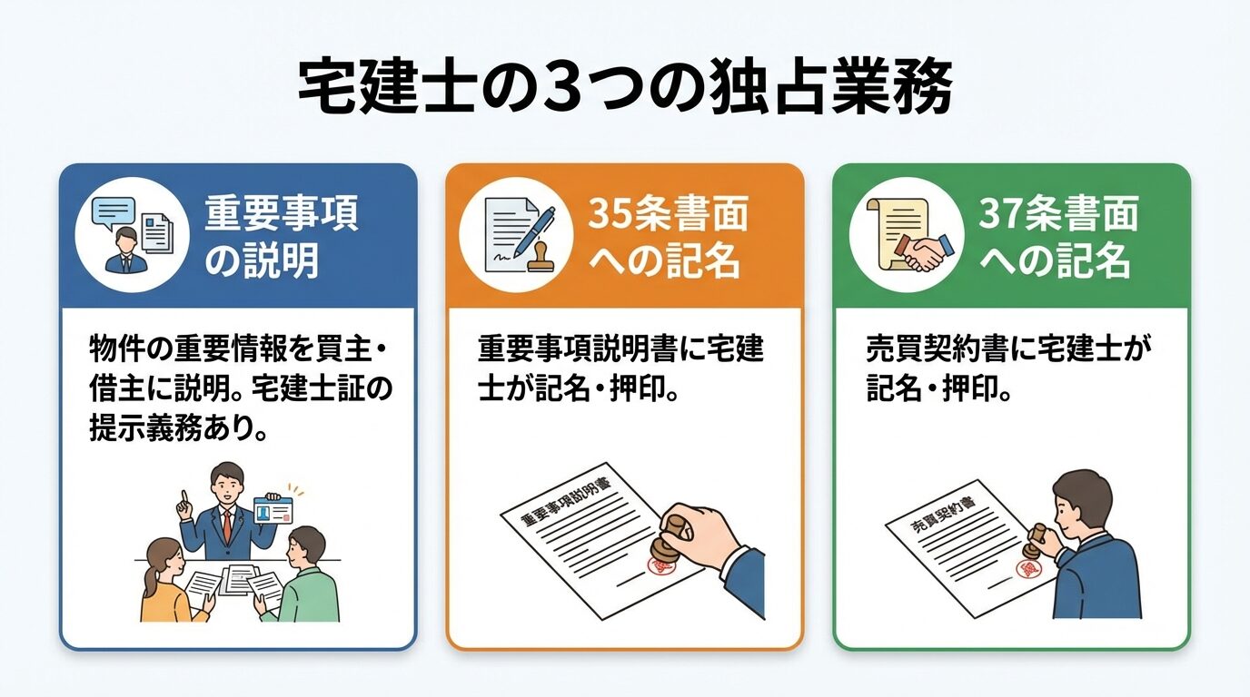 タイトル: 宅建士の3つの独占業務。横並び3カードで: カード1(説明のアイコン)ヘッダー: 重要事項の説明、説明: 物件の重要情報を買主・借主に説明。宅建士証の提示義務あり。カード2(書類のアイコン)ヘッダー: 35条書面への記名、説明: 重要事項説明書に宅建士が記名・押印。カード3(契約書のアイコン)ヘッダー: 37条書面への記名、説明: 売買契約書に宅建士が記名・押印