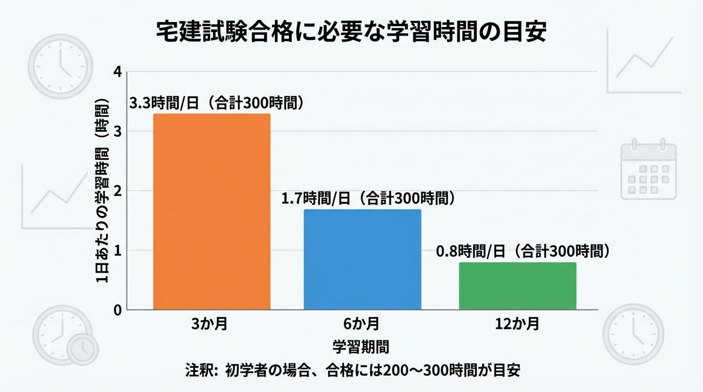 タイトル: 宅建試験合格に必要な学習時間の目安。横軸: 学習期間(3か月、6か月、12か月)、縦軸: 1日あたりの学習時間(時間)。3本の棒グラフで: 3か月コース: 3.3時間/日(合計300時間)、6か月コース: 1.7時間/日(合計300時間)、12か月コース: 0.8時間/日(合計300時間)。注釈: 初学者の場合、合格には200〜300時間が目安