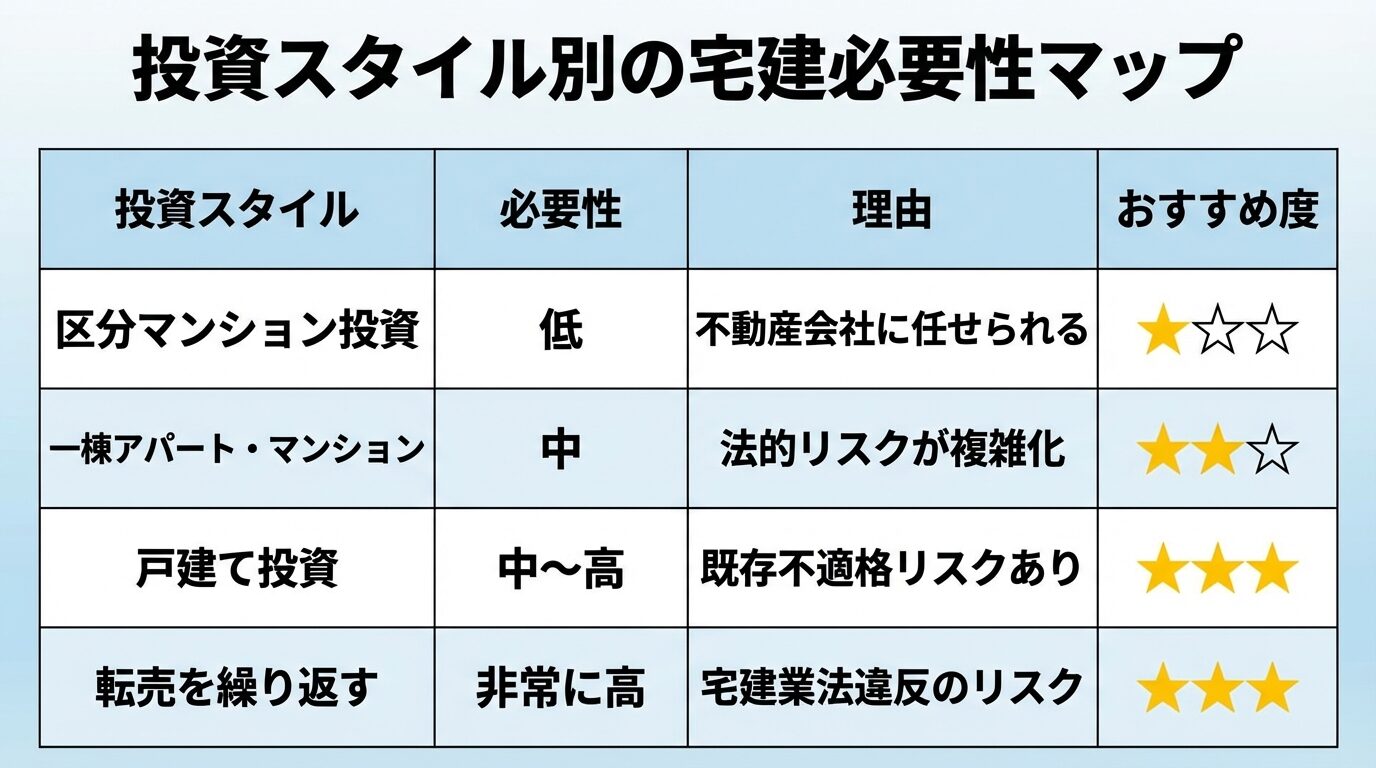 タイトル: 投資スタイル別の宅建必要性マップ。4列の表で: ヘッダー行: 投資スタイル | 必要性 | 理由 | おすすめ度。行1: 区分マンション投資 | 低 | 不動産会社に任せられる | ★☆☆。行2: 一棟アパート・マンション | 中 | 法的リスクが複雑化 | ★★☆。行3: 戸建て投資 | 中〜高 | 既存不適格リスクあり | ★★★。行4: 転売を繰り返す | 非常に高 | 宅建業法違反のリスク | ★★★