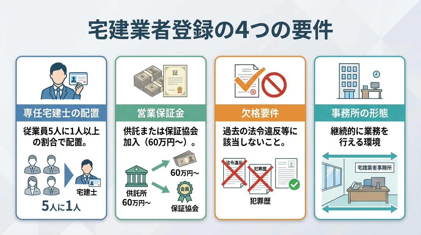 タイトル: 宅建業者登録の4つの要件。横並び4カードで: カード1(人物のアイコン)ヘッダー: 専任宅建士の配置、説明: 従業員5人に1人以上の割合で配置。カード2(お金のアイコン)ヘッダー: 営業保証金、説明: 供託または保証協会加入(60万円〜)。カード3(チェックのアイコン)ヘッダー: 欠格要件、説明: 過去の法令違反等に該当しないこと。カード4(建物のアイコン)ヘッダー: 事務所の形態、説明: 継続的に業務を行える環境