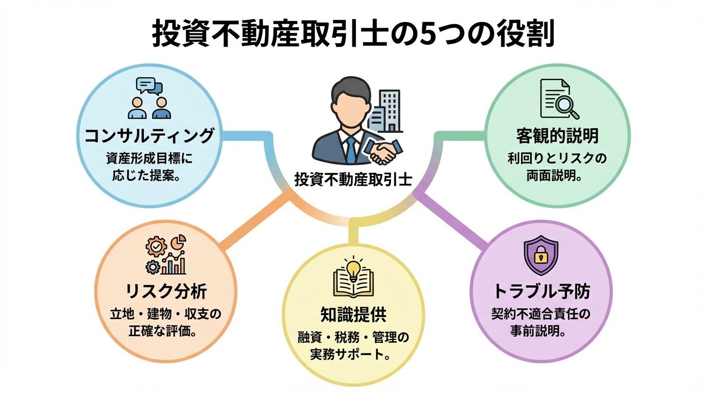 タイトル: 投資不動産取引士の5つの役割。中央に人物アイコン、周囲に5つの円形カード配置。カード1（相談アイコン）: コンサルティング - 資産形成目標に応じた提案。カード2（説明アイコン）: 客観的説明 - 利回りとリスクの両面説明。カード3（分析アイコン）: リスク分析 - 立地・建物・収支の正確な評価。カード4（保護アイコン）: トラブル予防 - 契約不適合責任の事前説明。カード5（教育アイコン）: 知識提供 - 融資・税務・管理の実務サポート