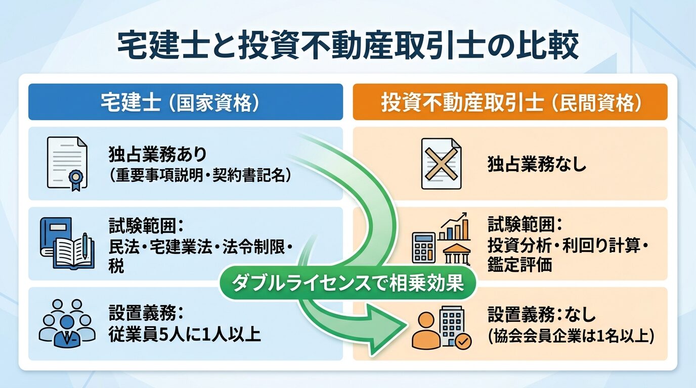 タイトル: 宅建士と投資不動産取引士の比較。左右2列の対比表形式。左列ヘッダー: 宅建士（国家資格）。項目1: 独占業務あり（重要事項説明・契約書記名）。項目2: 試験範囲: 民法・宅建業法・法令制限・税。項目3: 設置義務: 従業員5人に1人以上。右列ヘッダー: 投資不動産取引士（民間資格）。項目1: 独占業務なし。項目2: 試験範囲: 投資分析・利回り計算・鑑定評価。項目3: 設置義務: なし（協会会員企業は1名以上）。中央に「ダブルライセンスで相乗効果」の矢印